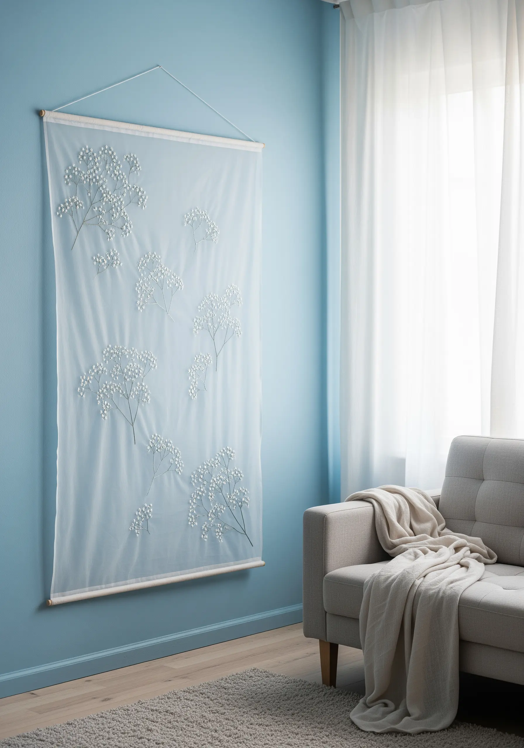 Embroidered baby's breath with white knots on a large sheer fabric wall hanging.