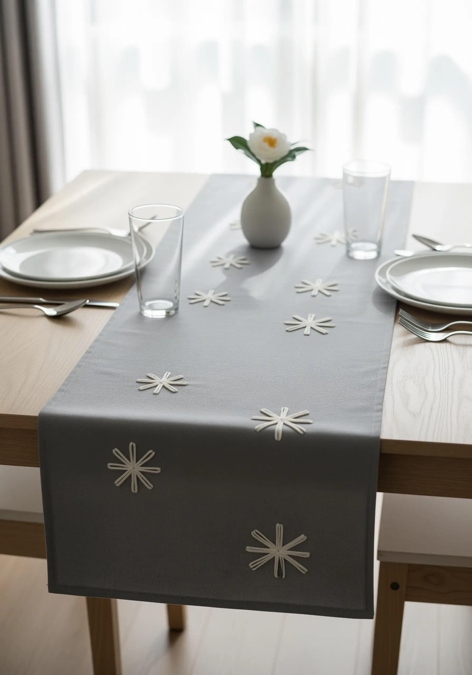 Scattered starburst motifs in off-white thread on a mid-gray table runner