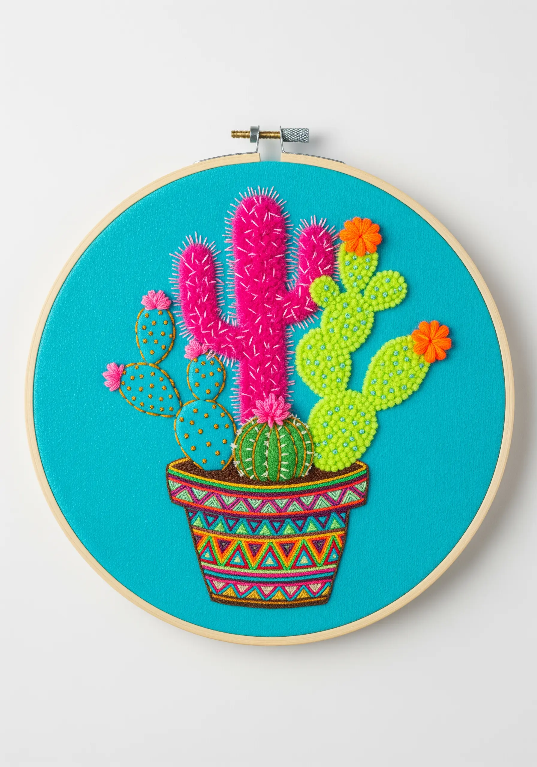 Colorful embroidered cacti in a geometric pot, featuring beads, turkey work, and satin stitch.