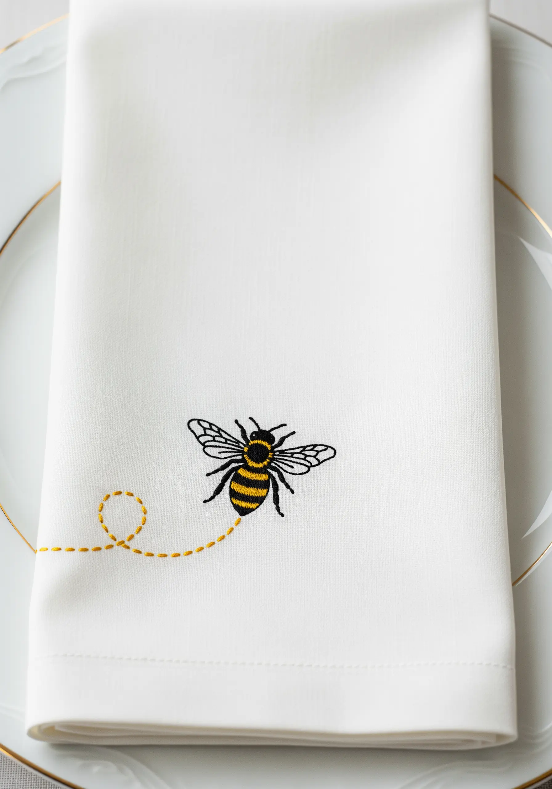 Small embroidered bee with a yellow dotted flight path on a white napkin.