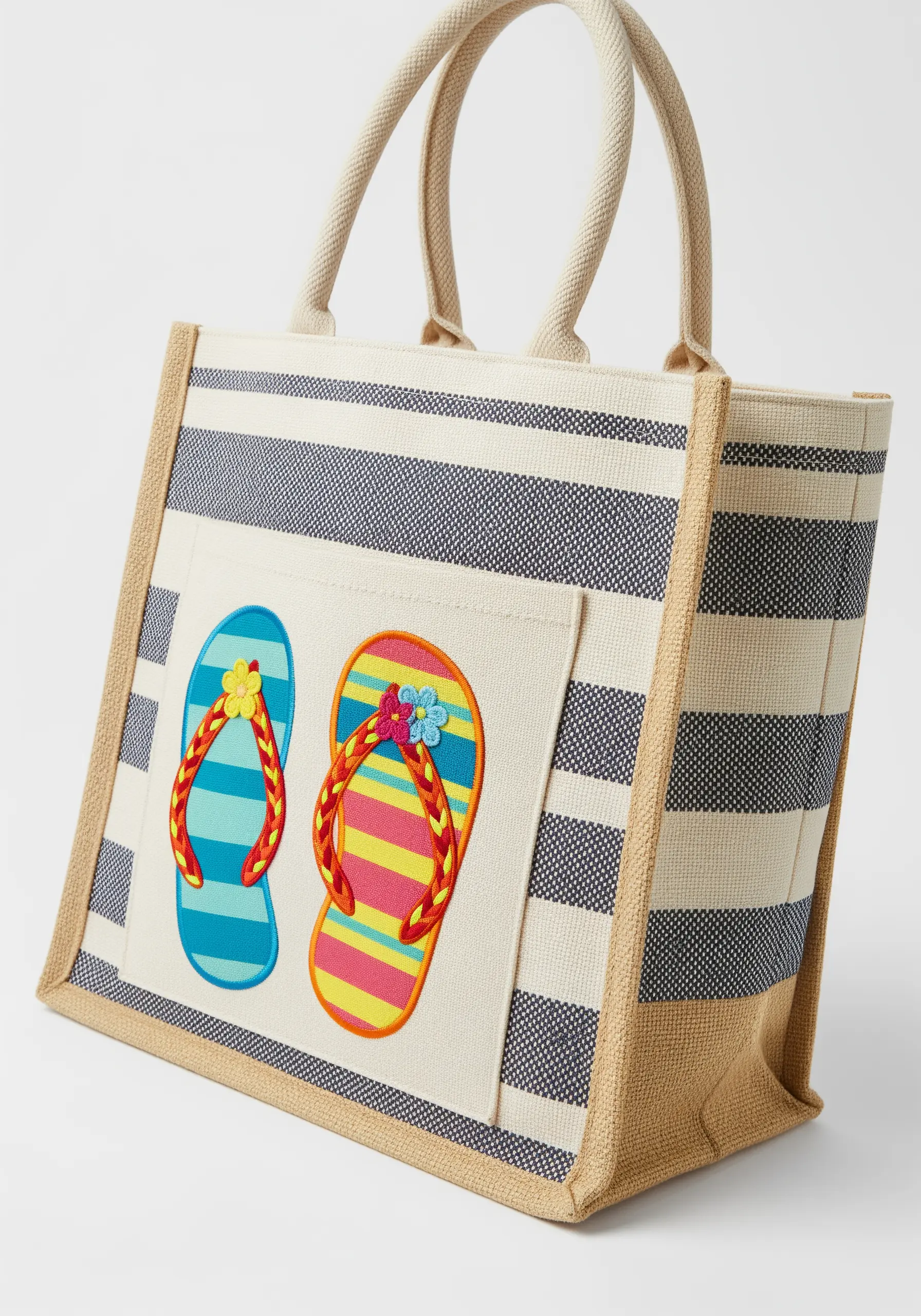 A pair of colorful appliquéd flip flops with embroidered details on a striped tote bag.