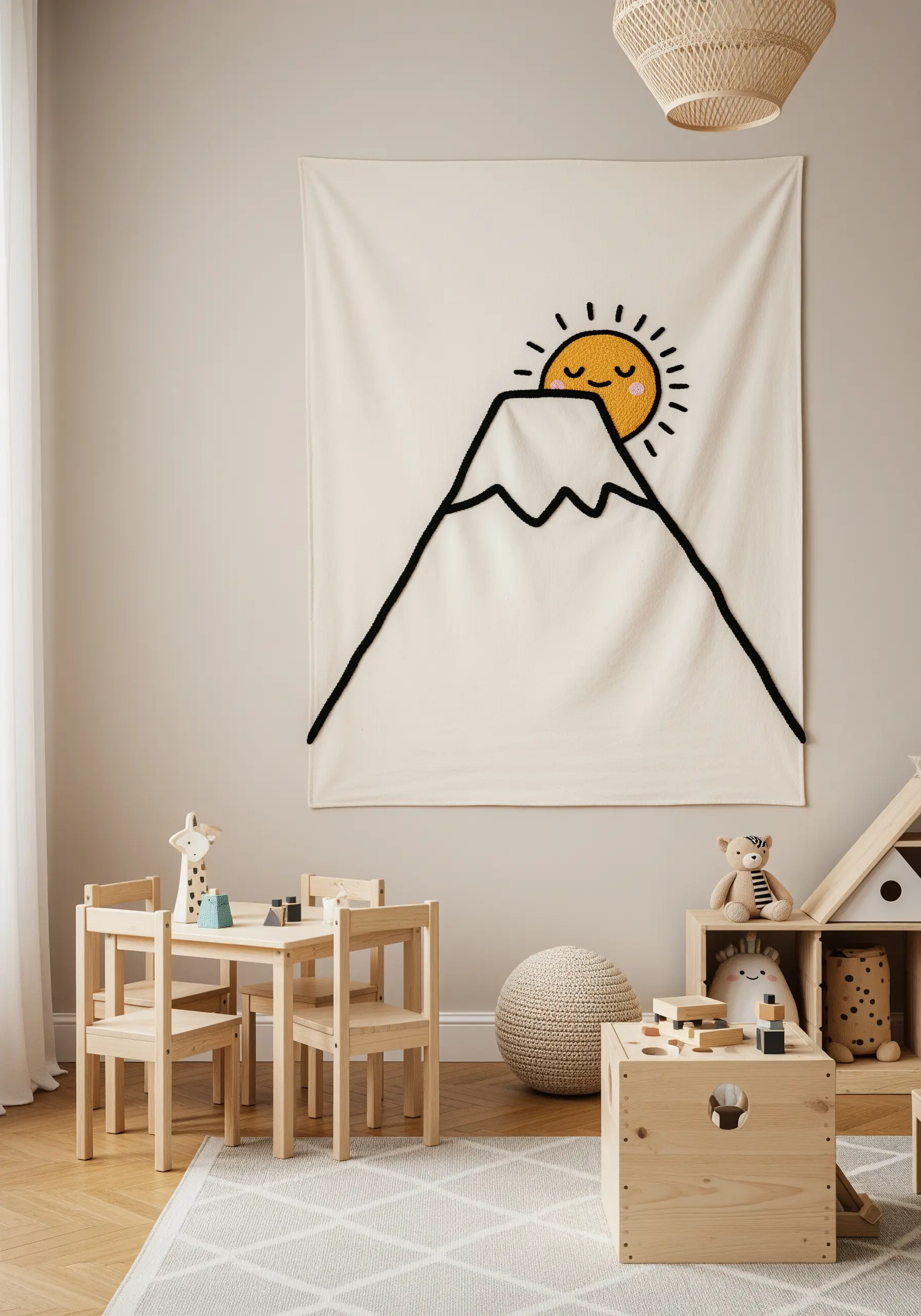 A wall tapestry for a kids' room with a yarn-outlined mountain and sun.