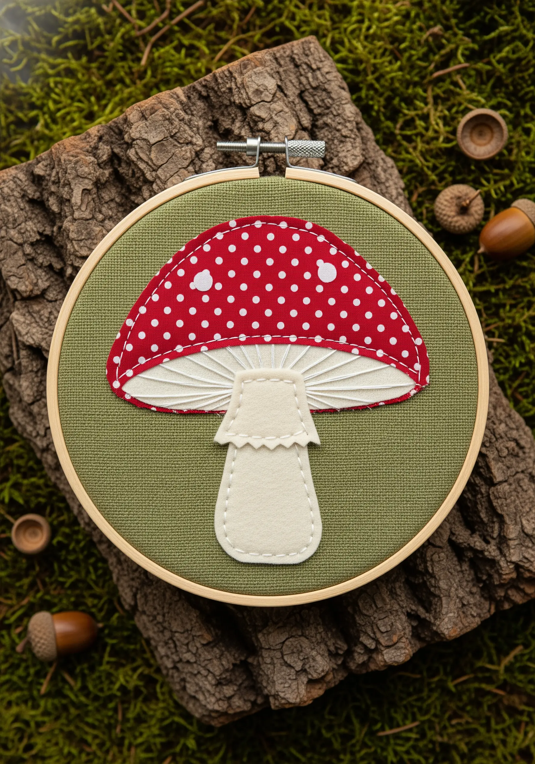 A fabric collage mushroom with a red and white polka dot cap.