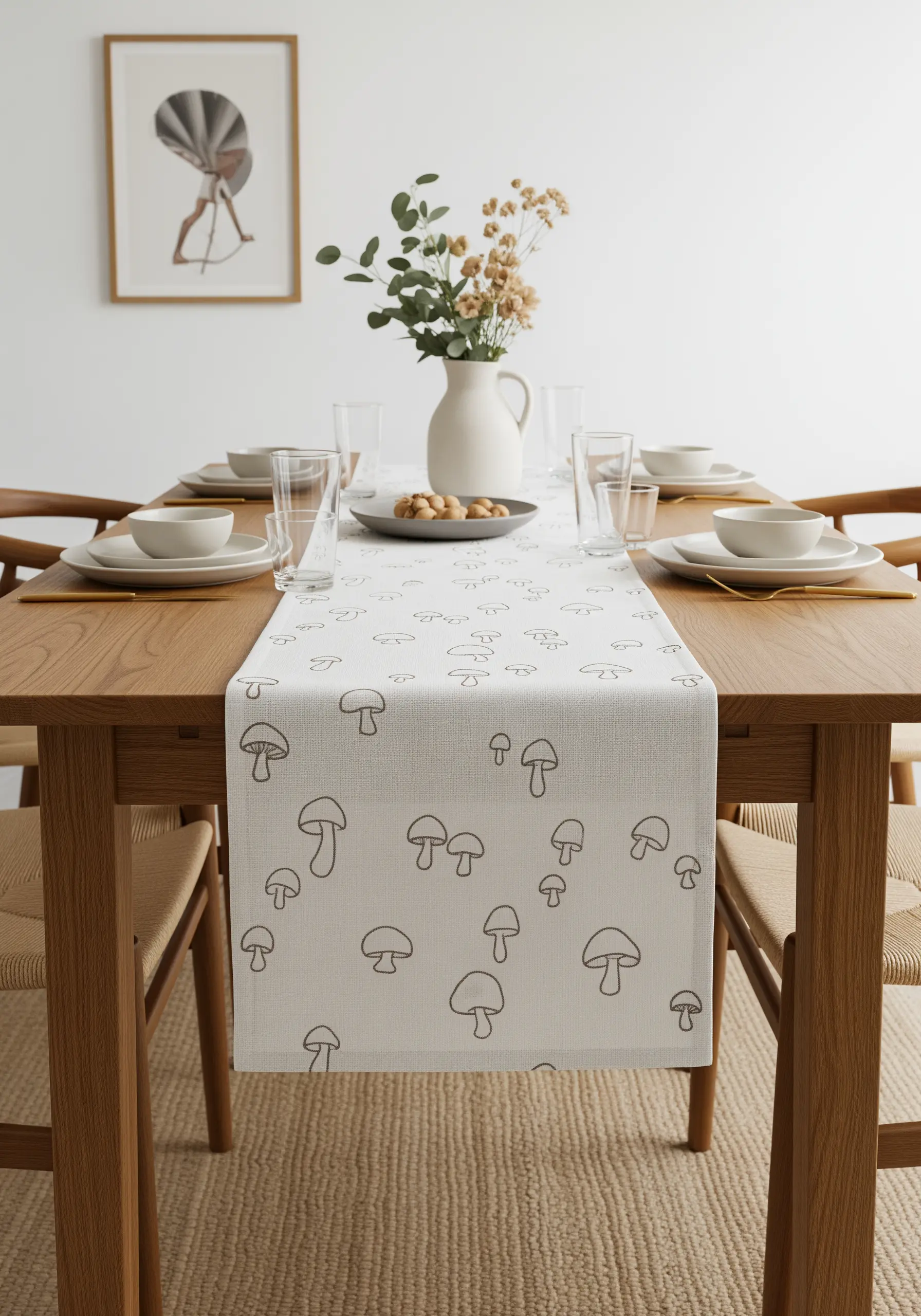 Simple mushroom line drawings in a scattered repeat pattern on a table runner.
