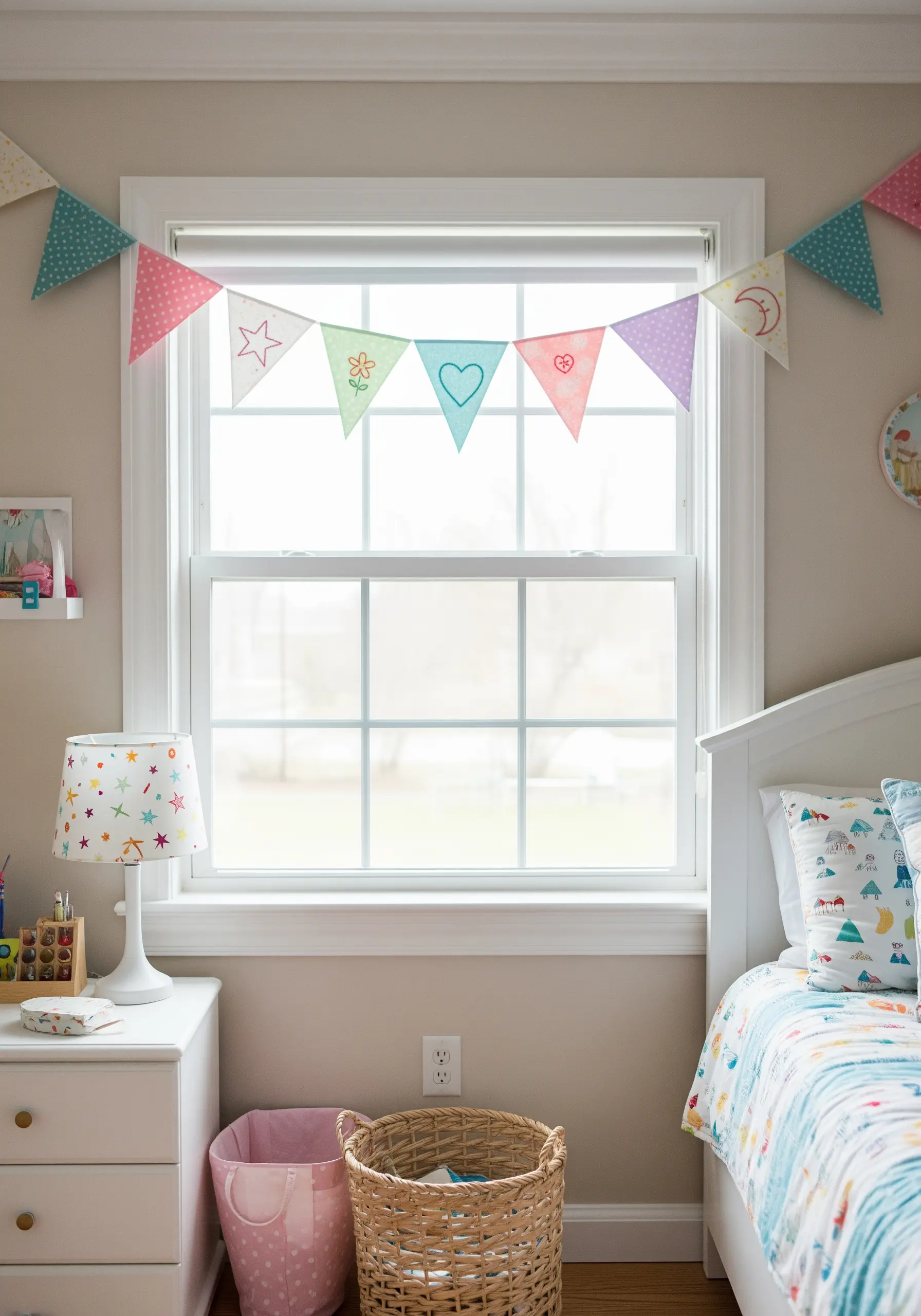 Colorful bunting flags with simple, single-color embroidered icons.