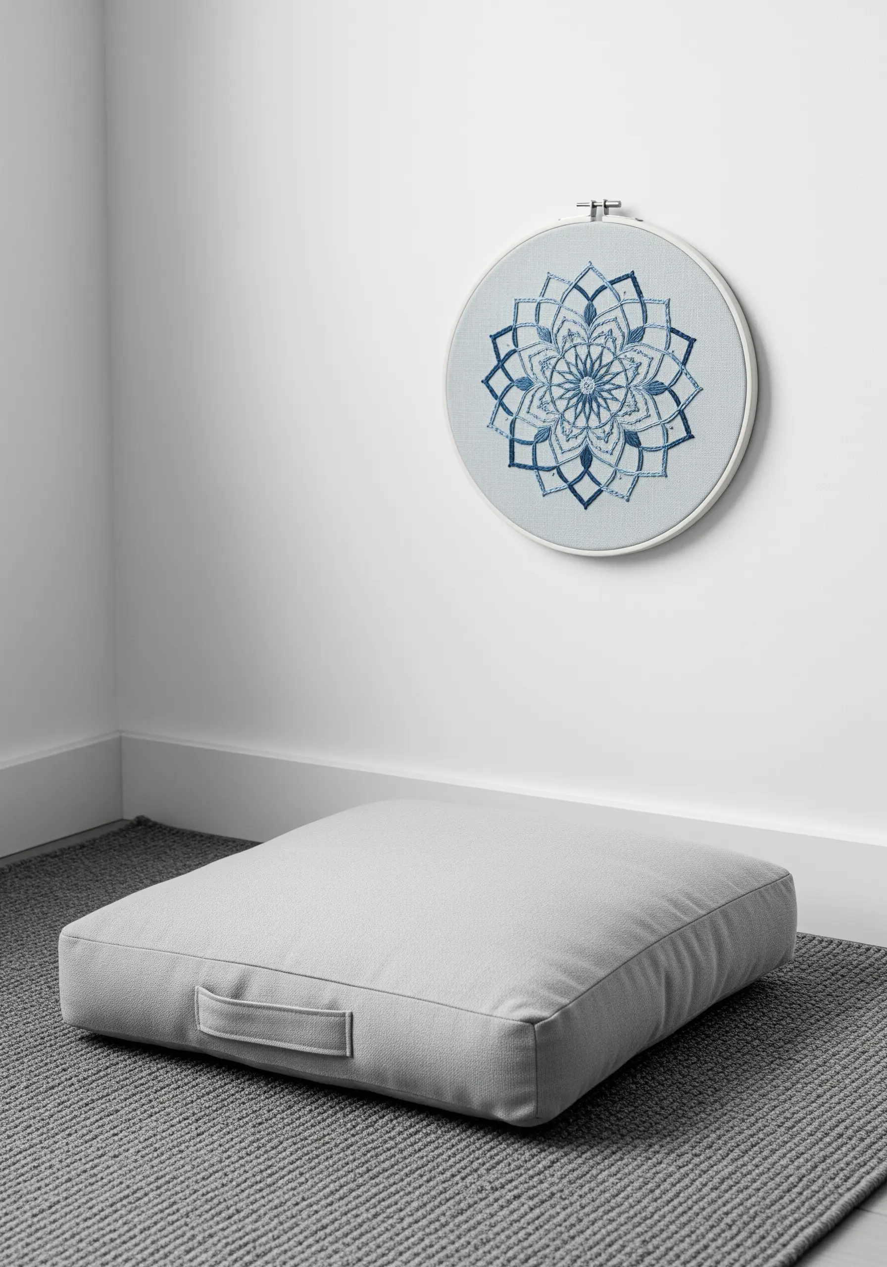 A blue mandala on light blue fabric showcasing different stitch textures.