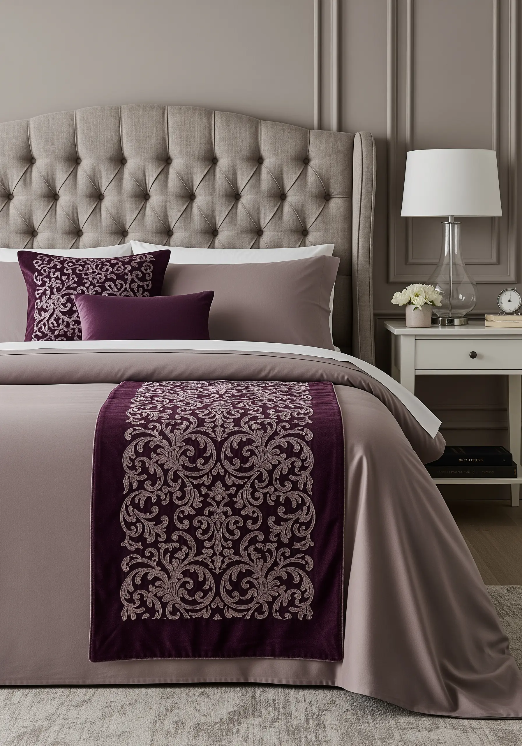 Elegant bedroom with plum and taupe bedding featuring a baroque embroidered velvet runner