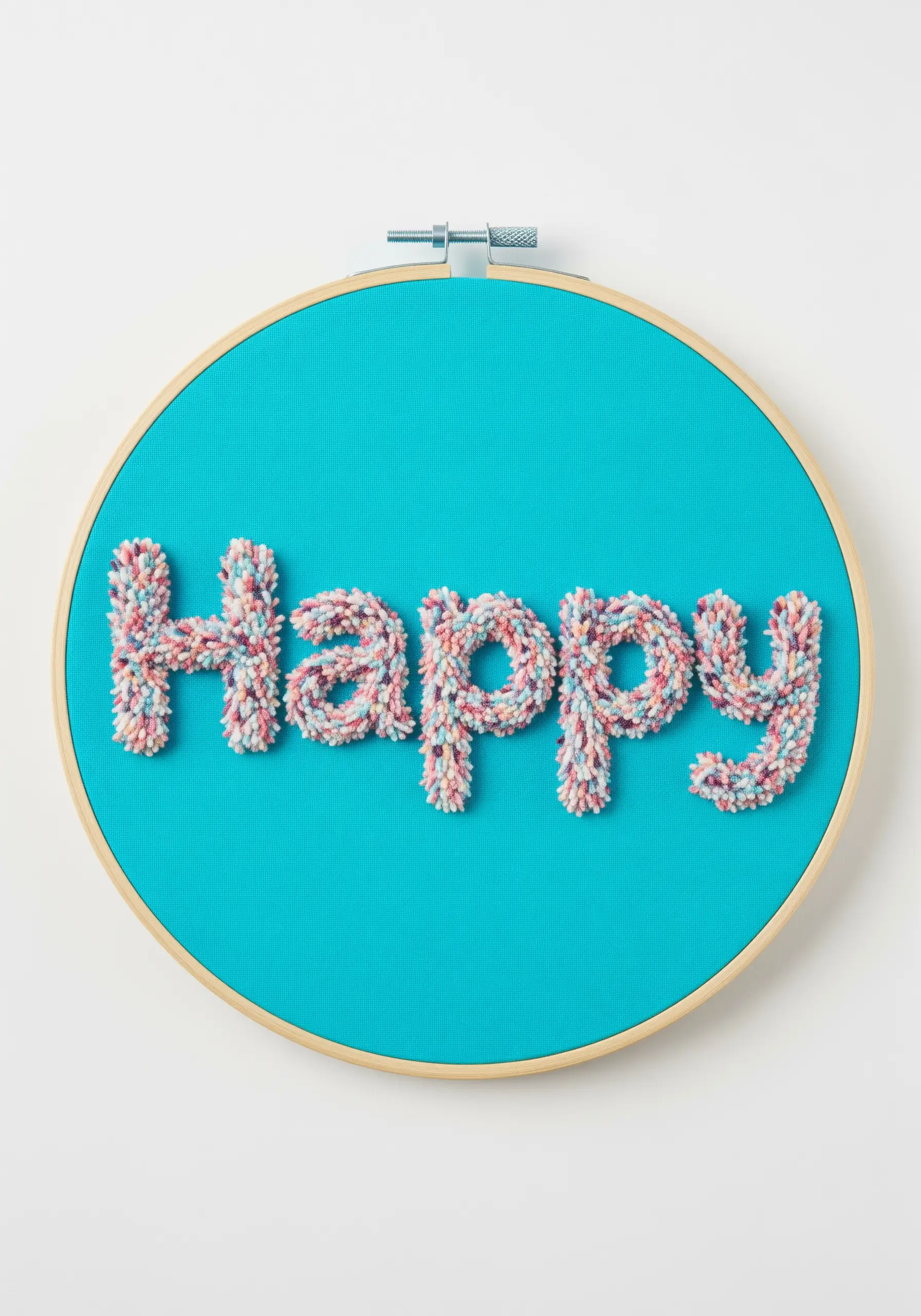 The word 'Happy' embroidered with a fluffy, multi-colored yarn texture on teal fabric.
