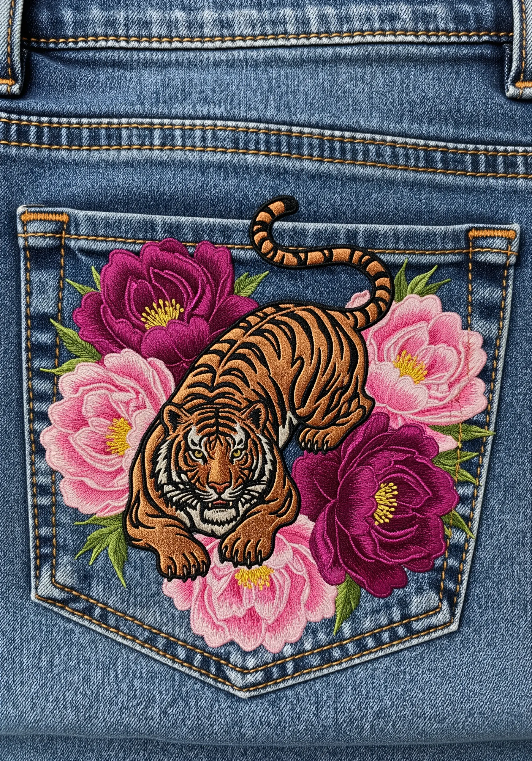 Embroidered tiger and pink peonies filling the back pocket of a pair of blue jeans.