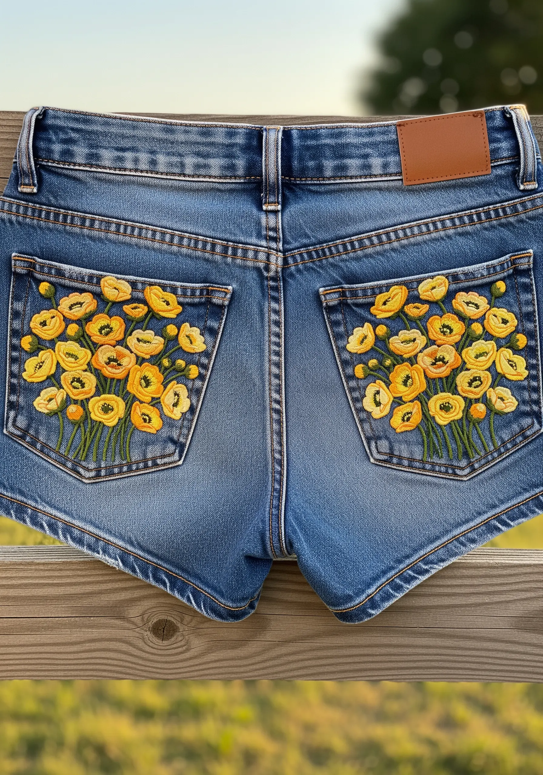 Dense bouquets of yellow buttercups embroidered on the back pockets of denim shorts.
