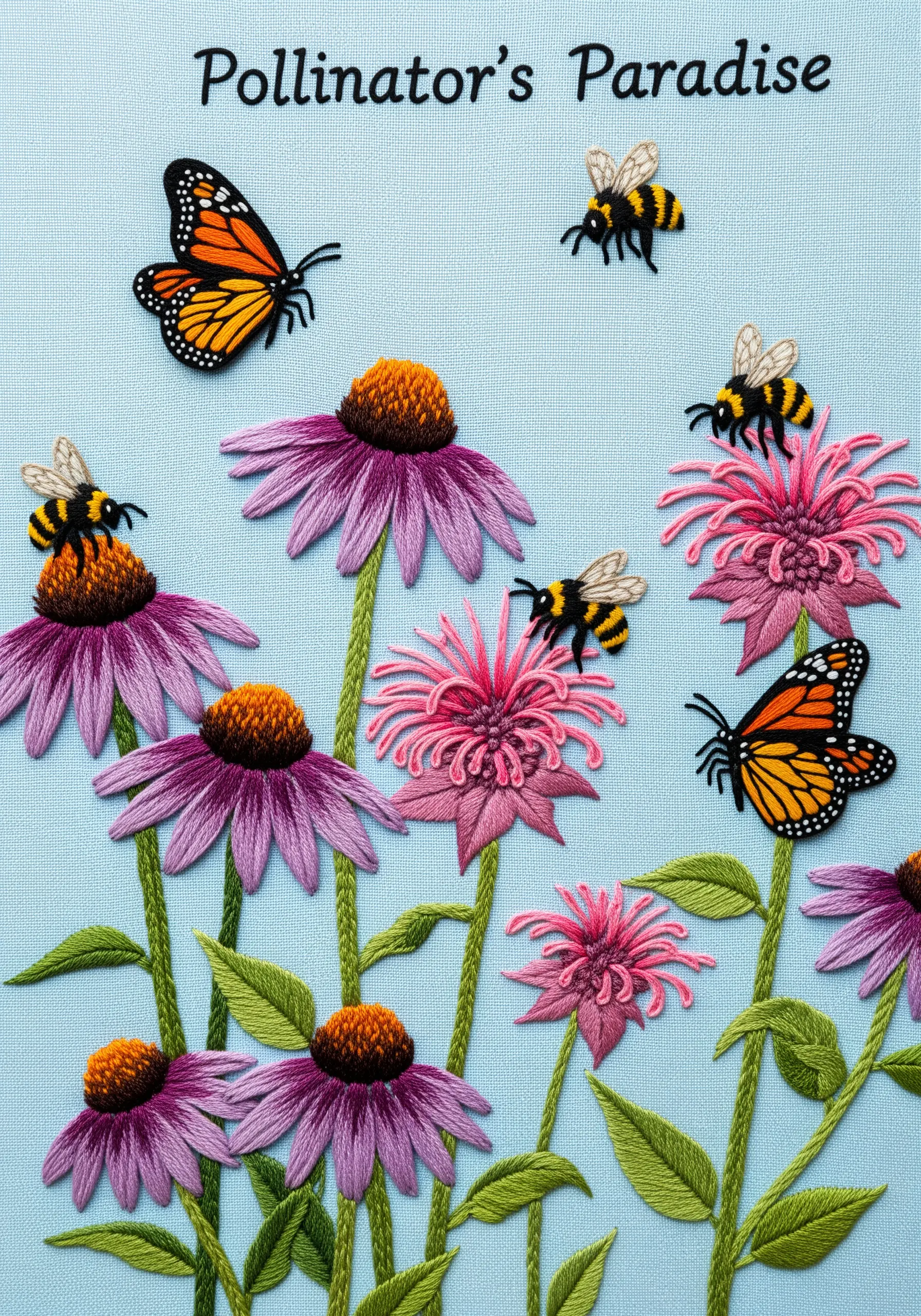 Embroidery of coneflowers with detailed monarch butterflies and bumblebees.