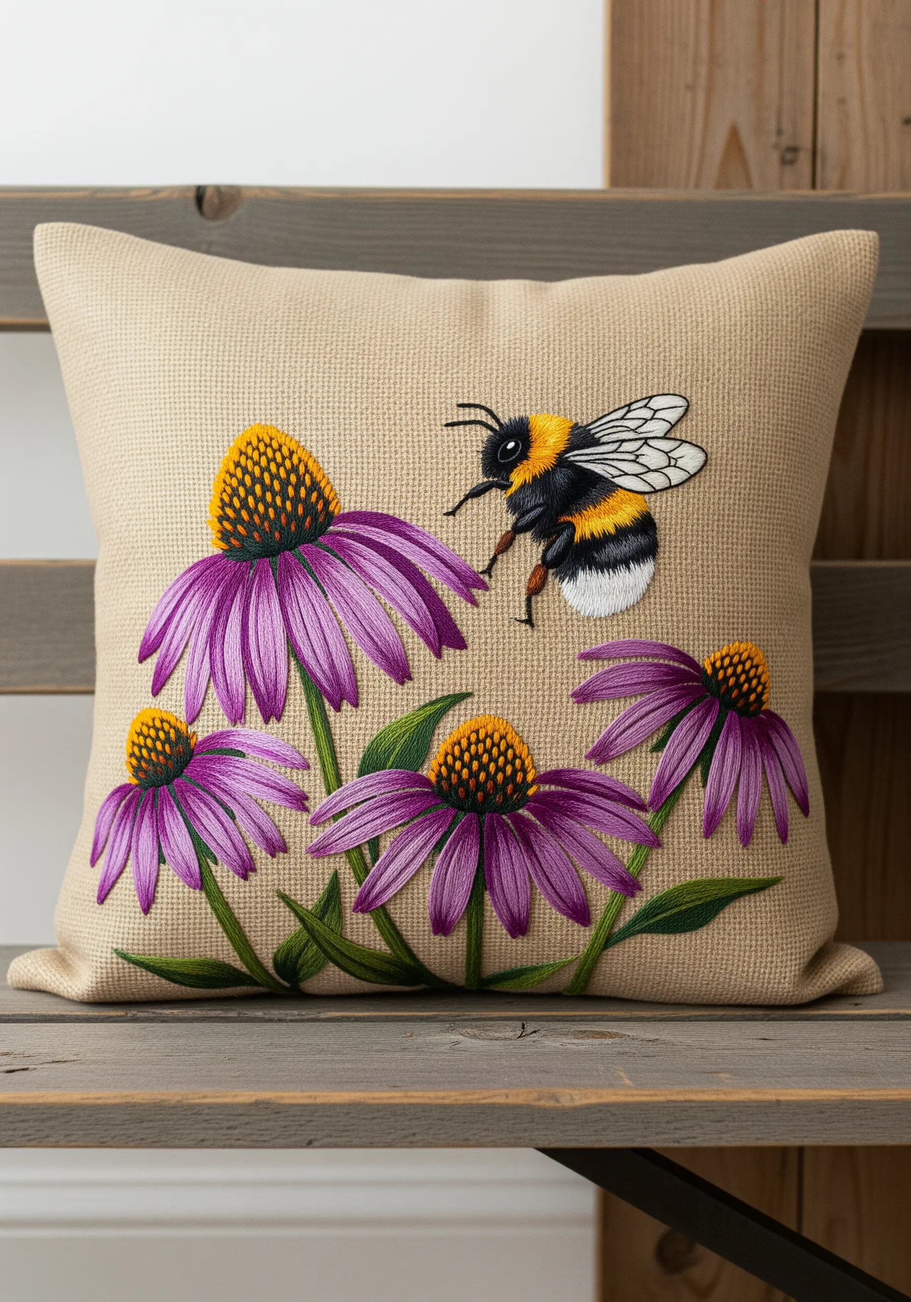 Embroidered coneflowers and a fuzzy bumblebee on a textured linen cushion.
