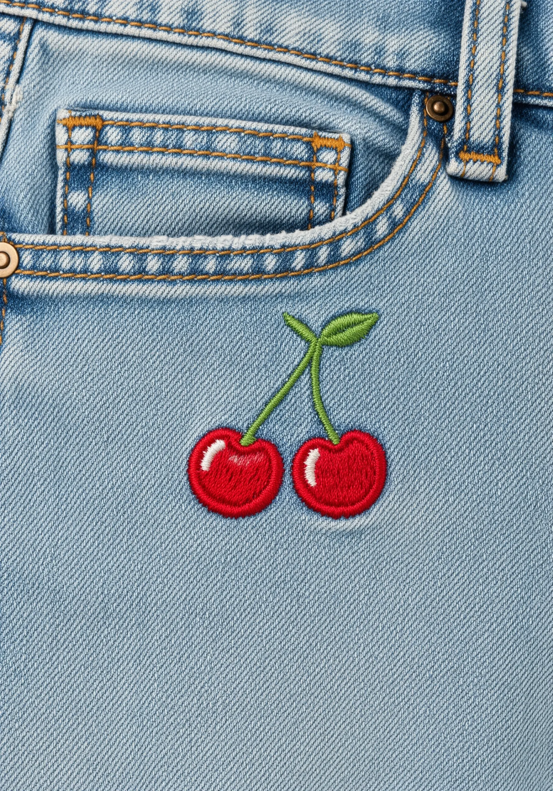A pair of bright red cherries with a white highlight embroidered on light-wash denim.