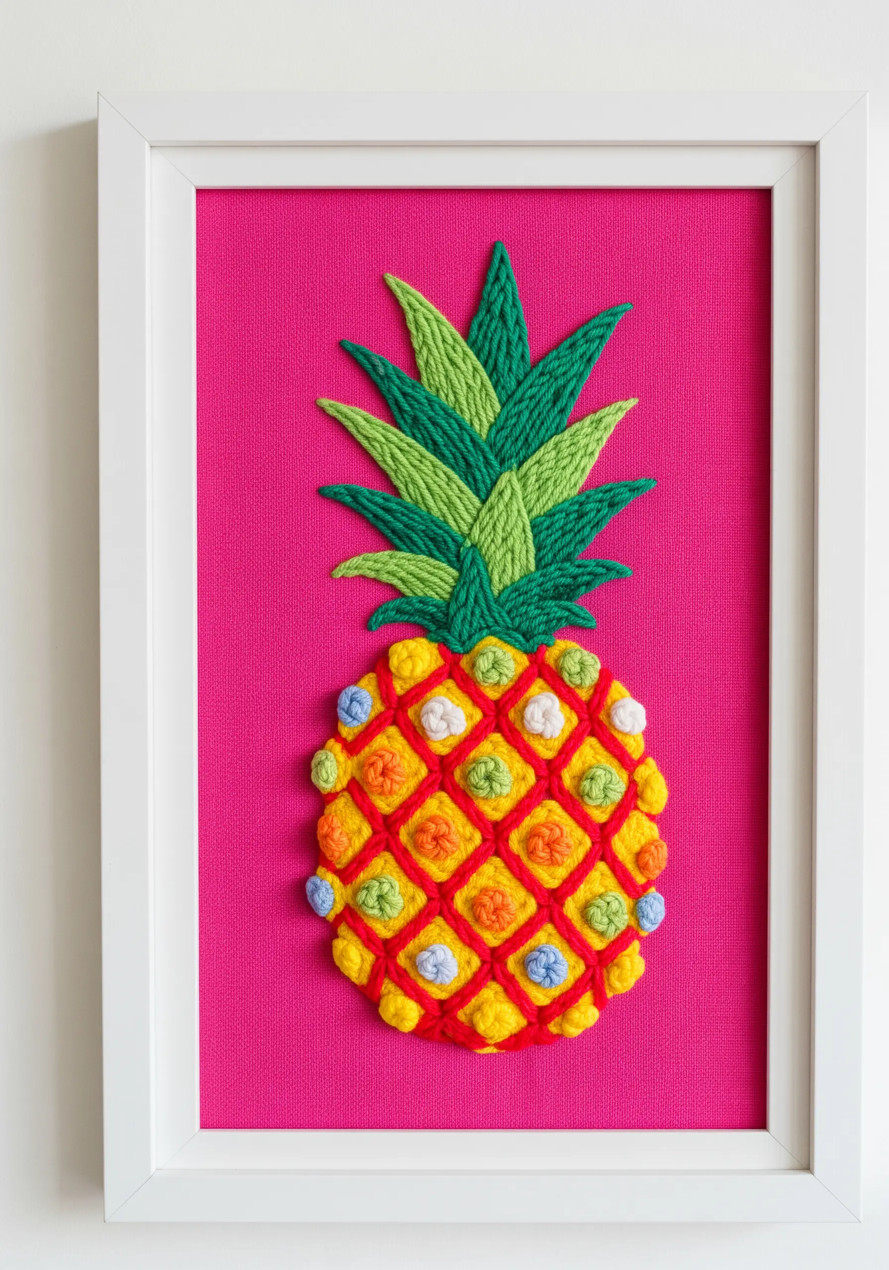 Colorful embroidered pineapple with textured woven stitches on a bright pink background.