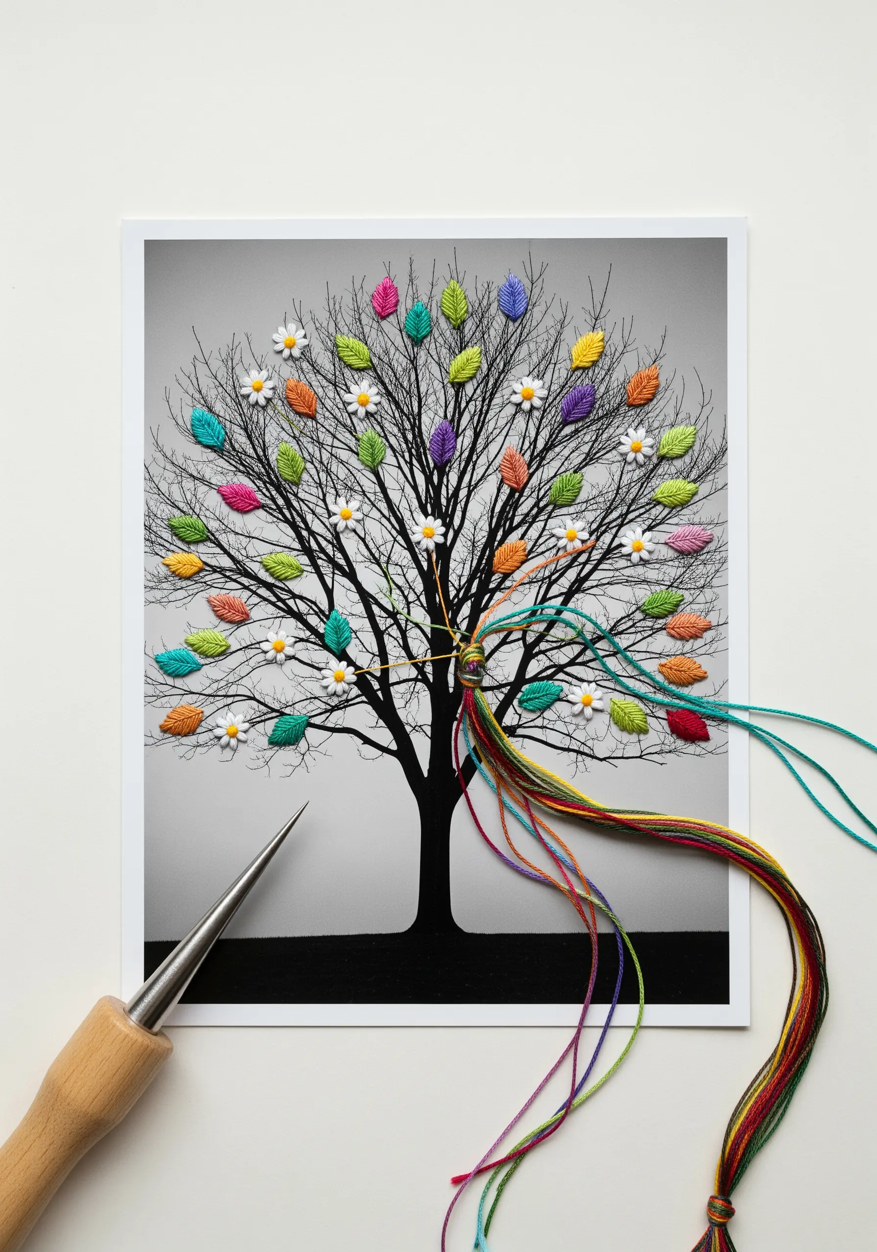 A black and white print of a tree with colorful satin-stitched leaves.