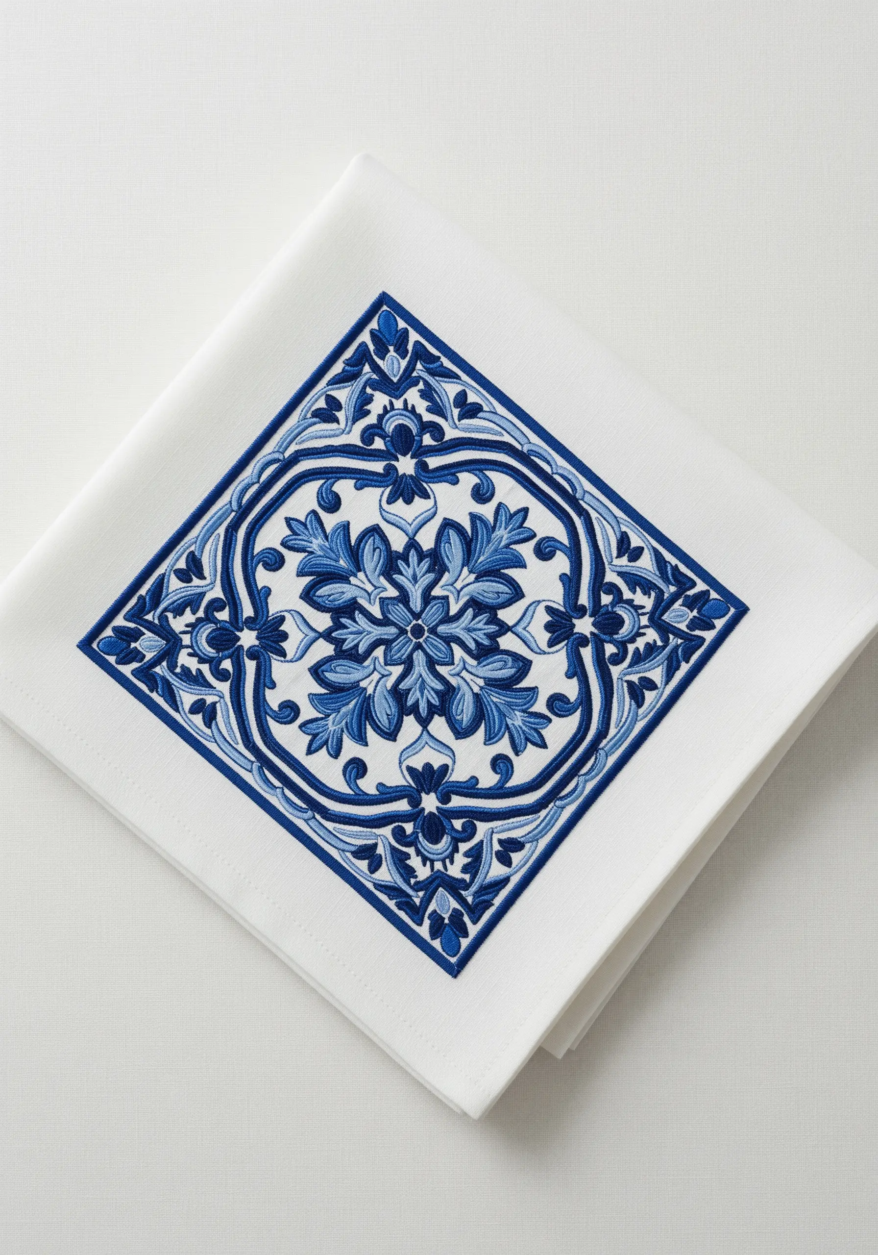 A white napkin with a large, square embroidery pattern inspired by blue Portuguese azulejo tiles.