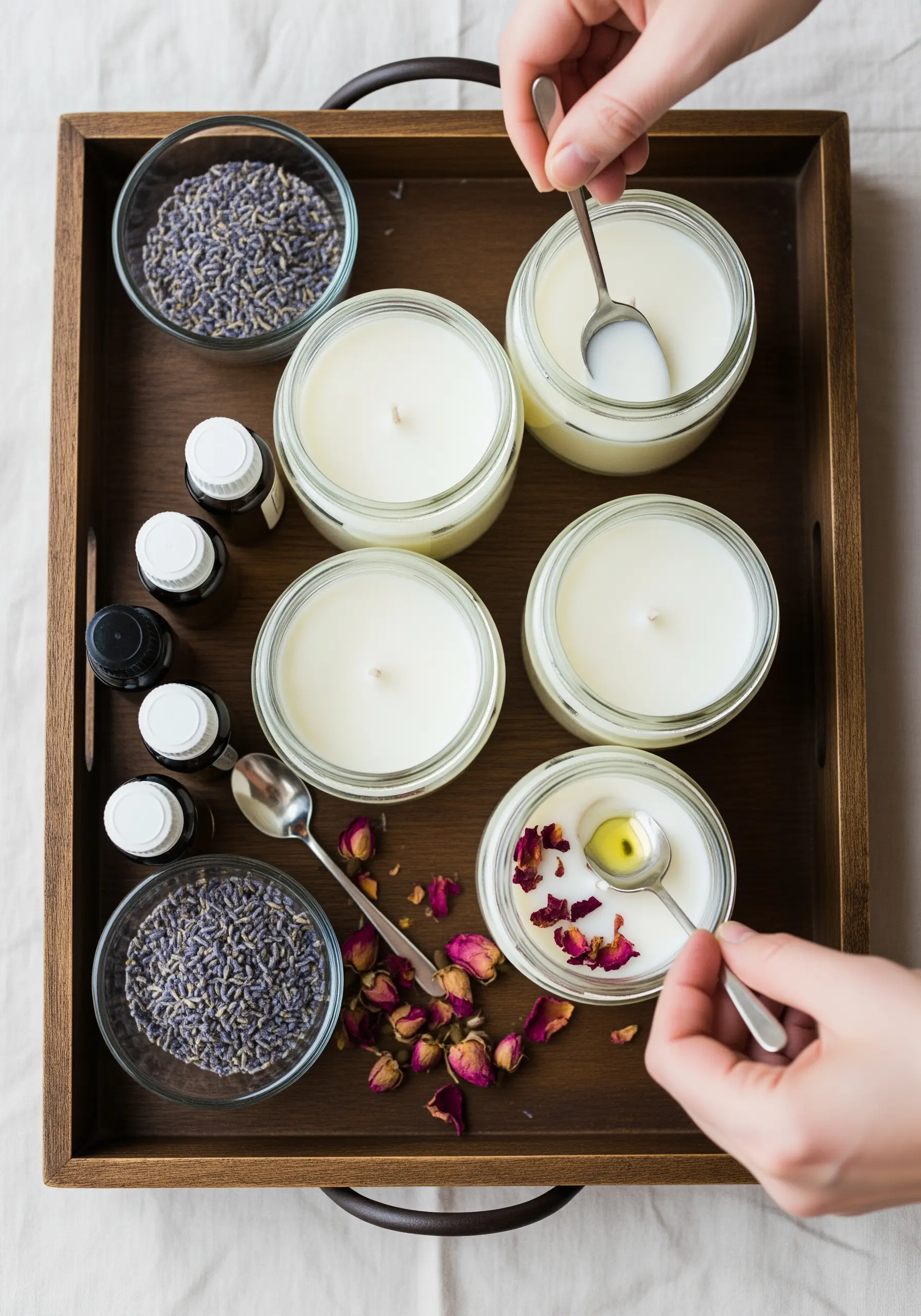 An overhead view of someone making soy candles, with jars, essential oils, and dried flowers.