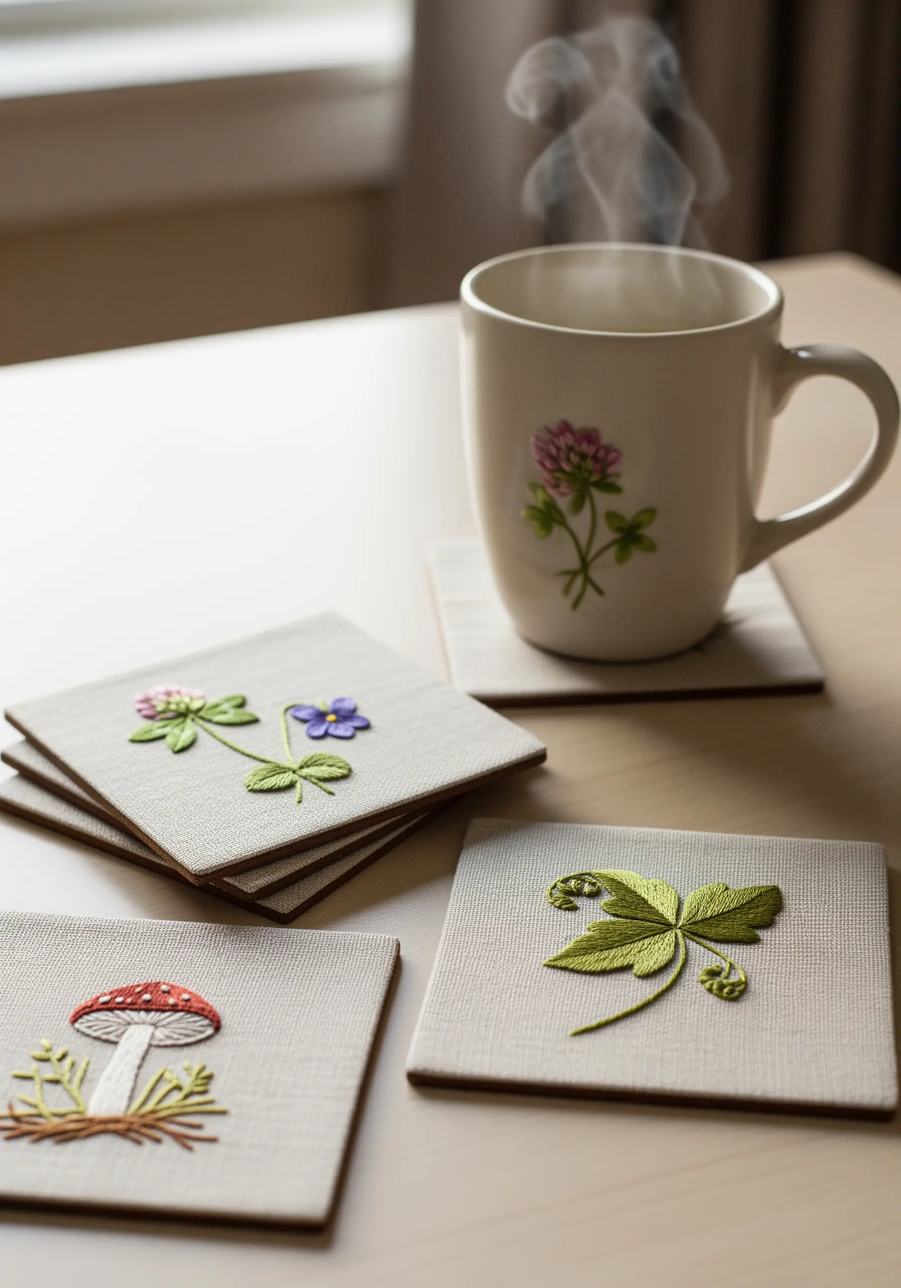 A set of four embroidered coasters with small, detailed botanical motifs on a tabletop.