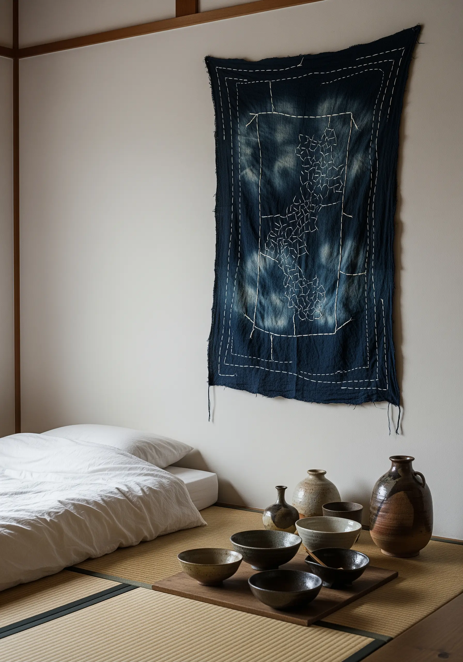 A Japanese Sashiko embroidered wall hanging with white geometric stitches on indigo fabric.