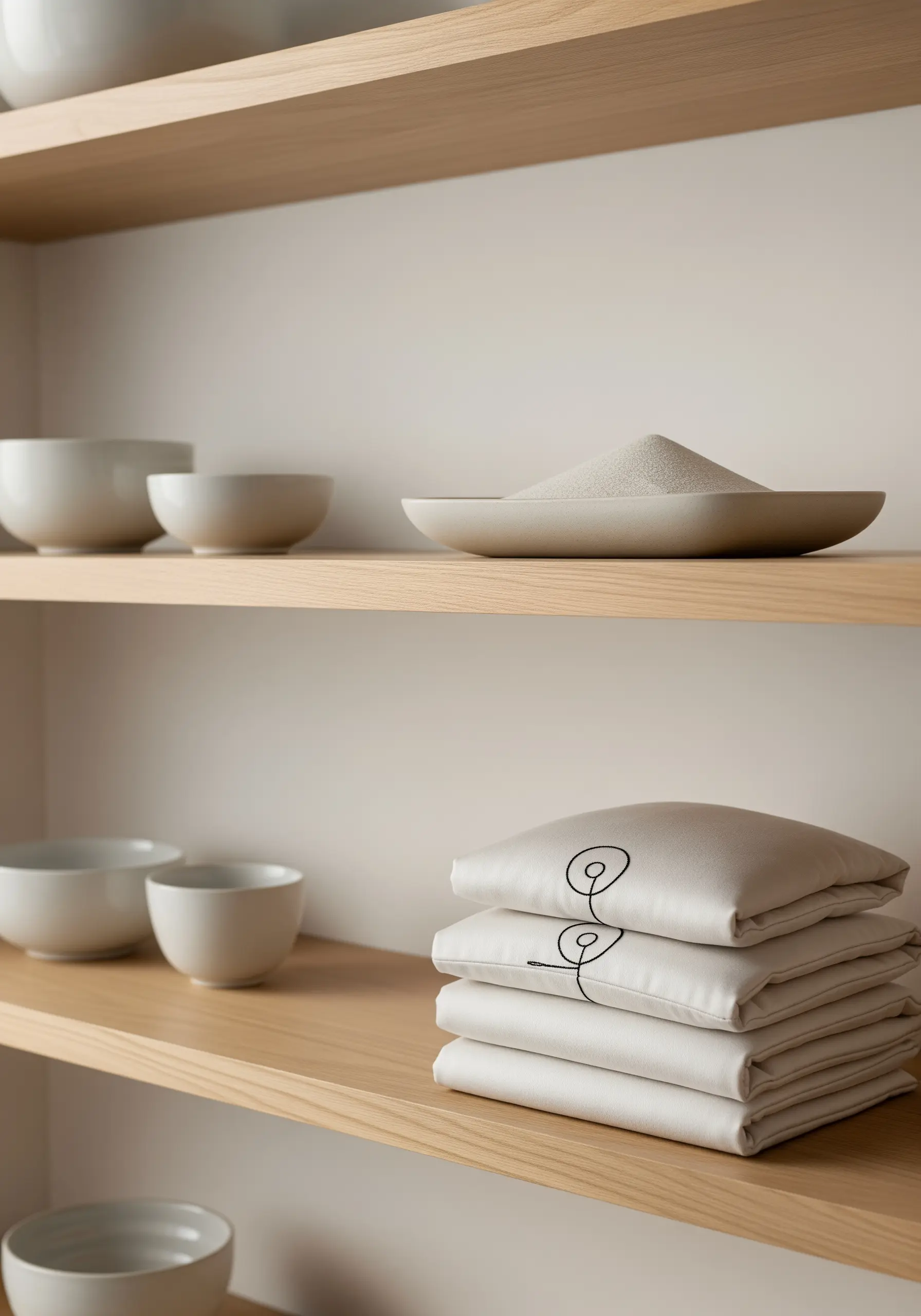 Minimalist single-line art embroidered in black thread on stacked, light-colored cushions.