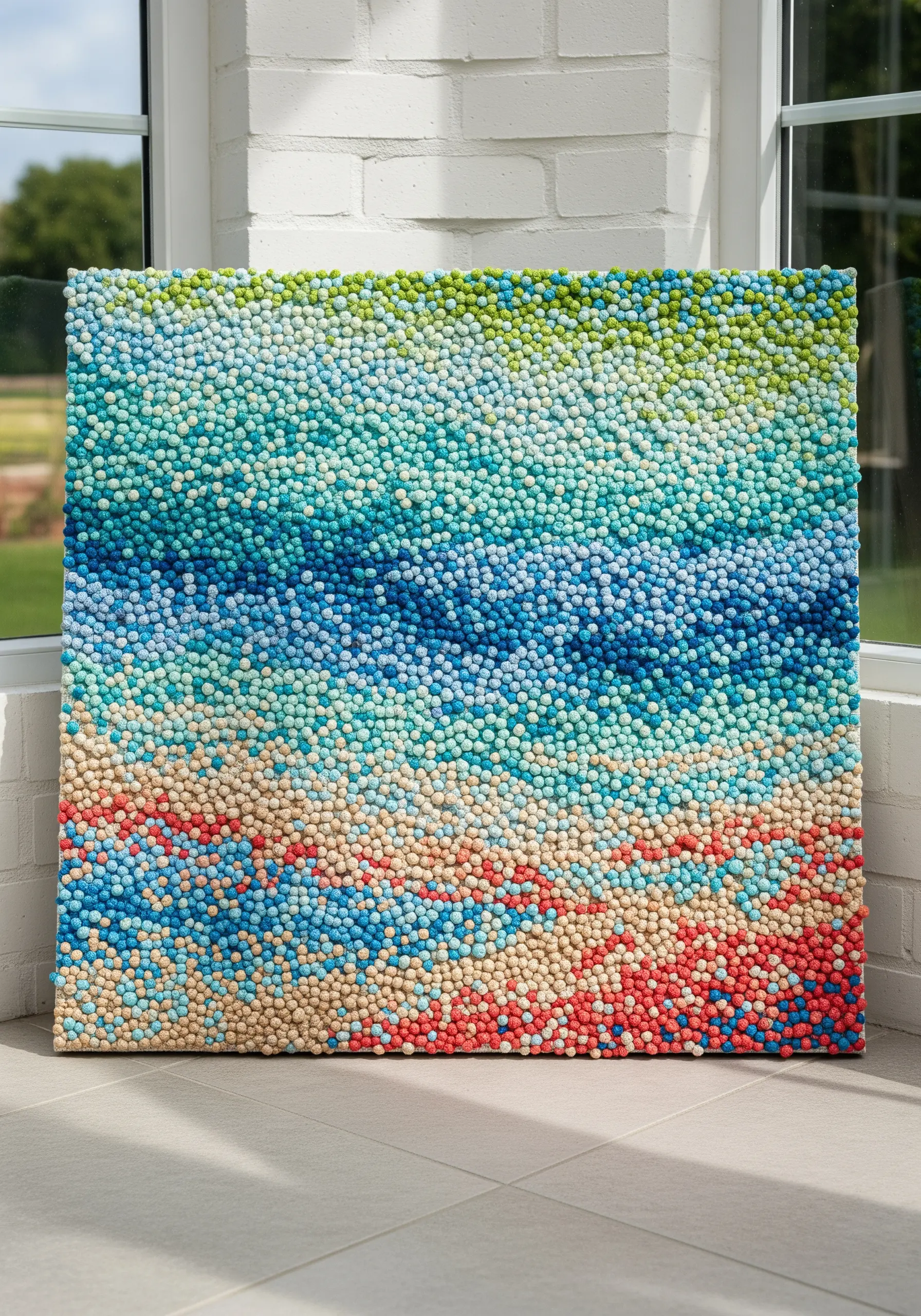 Large-scale pointillist textile art with colorful pom-poms creating a landscape.