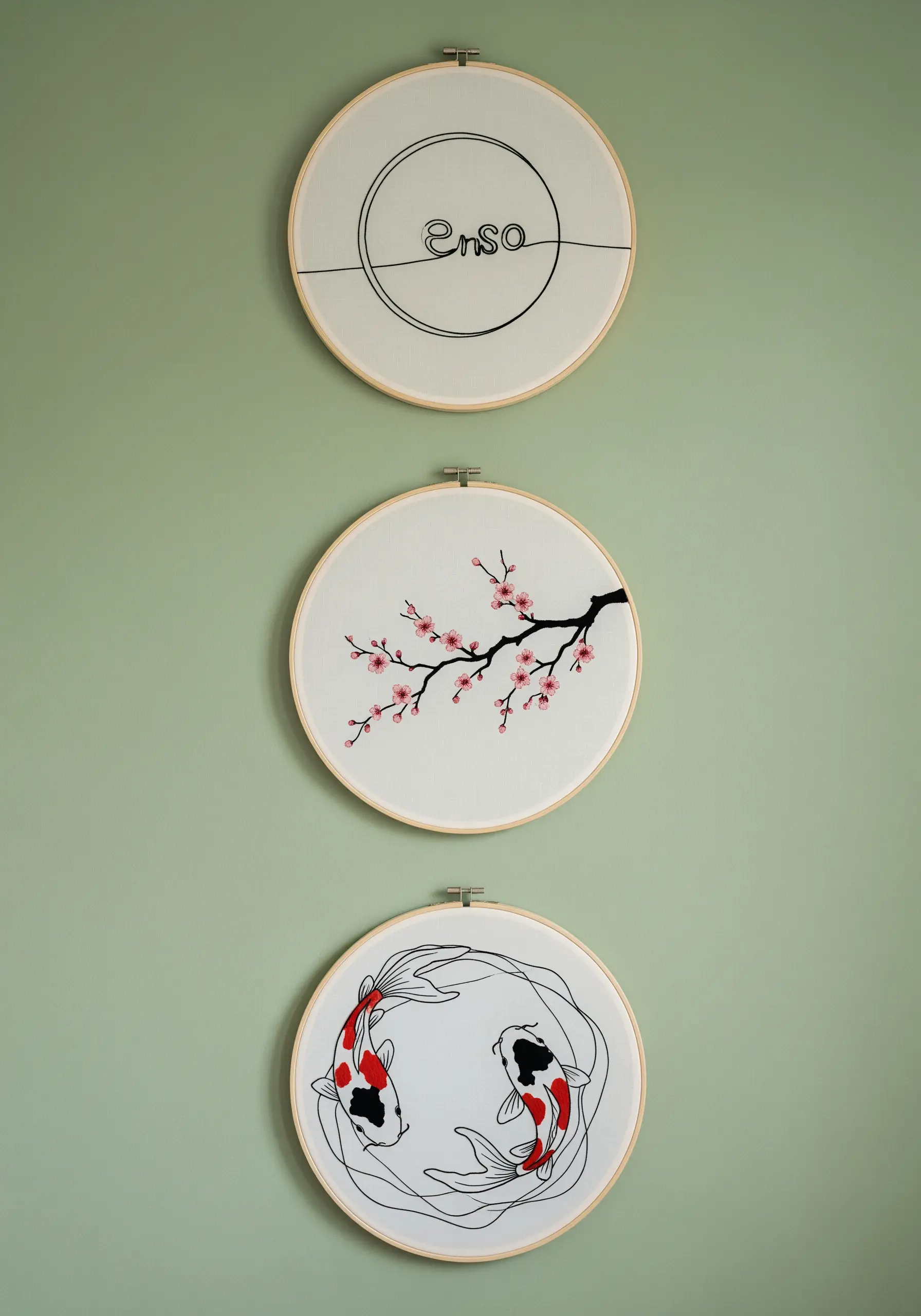 Three vertically arranged embroidery hoops with minimalist Japanese-inspired designs of an enso, cherry blossom, and koi.