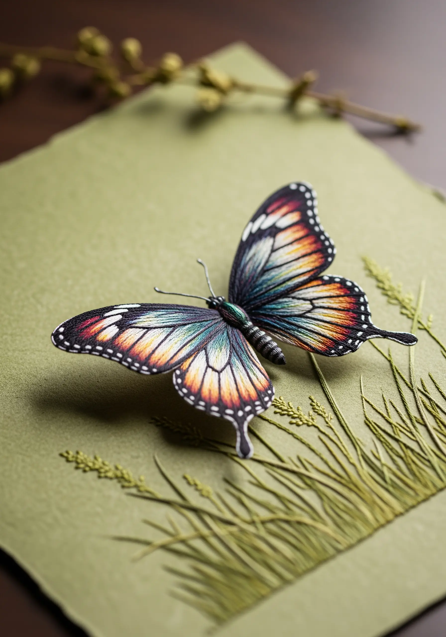A 3D paper butterfly with intricately thread-painted wings, sitting on embroidered grass.