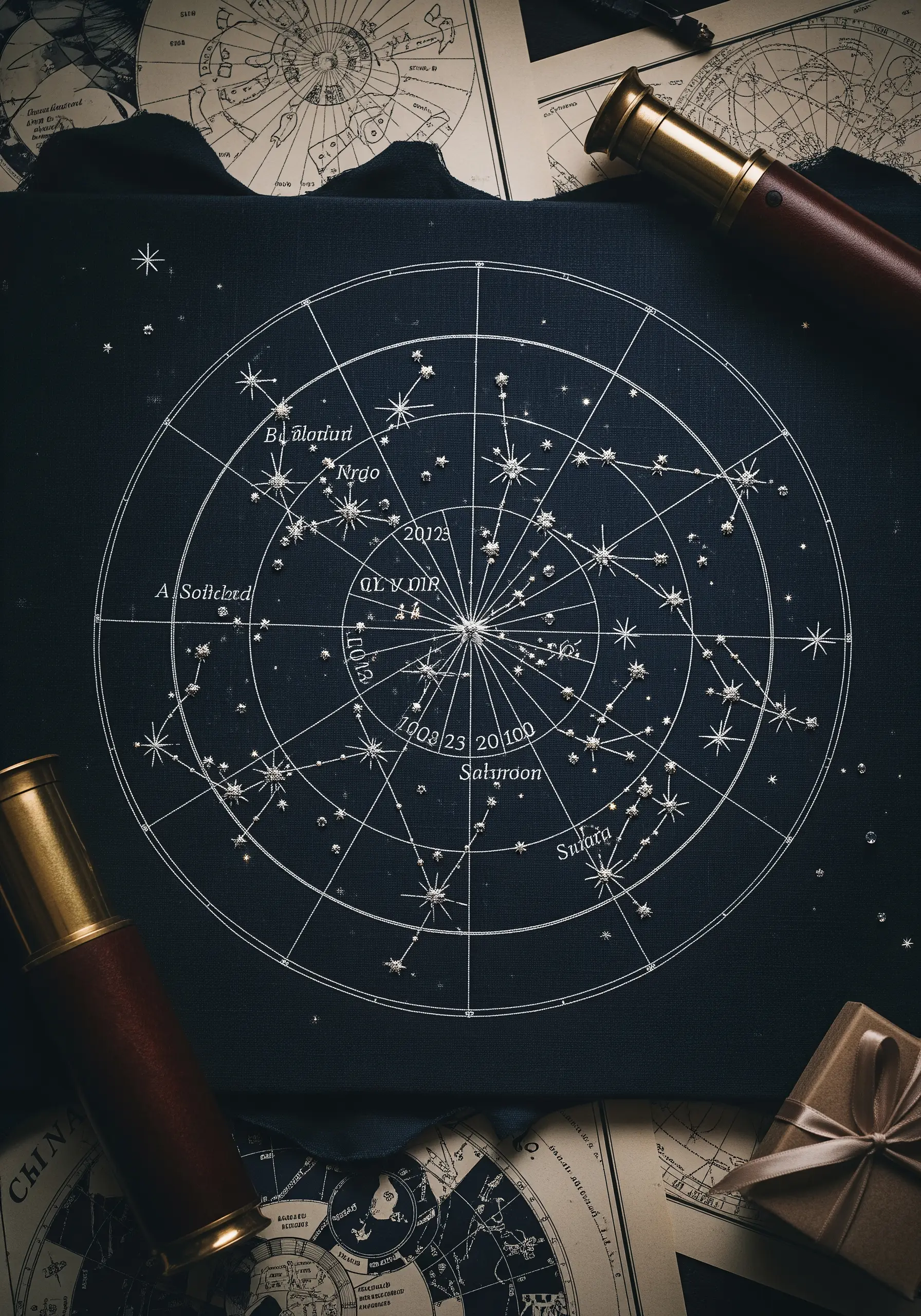 Embroidered celestial star map with fine white lines and tiny star knots on black fabric.