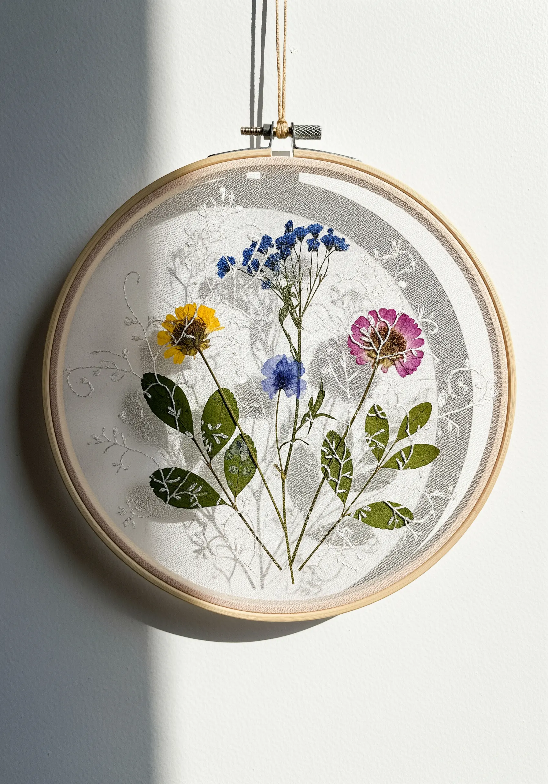 Pressed flowers and leaves secured with embroidery onto sheer fabric in a hoop