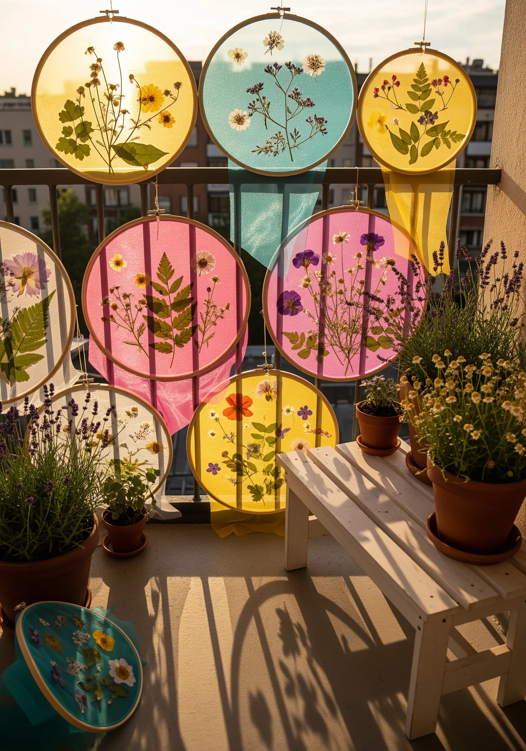 Pressed flowers and leaves preserved between layers of colorful, sheer organza in hoops.