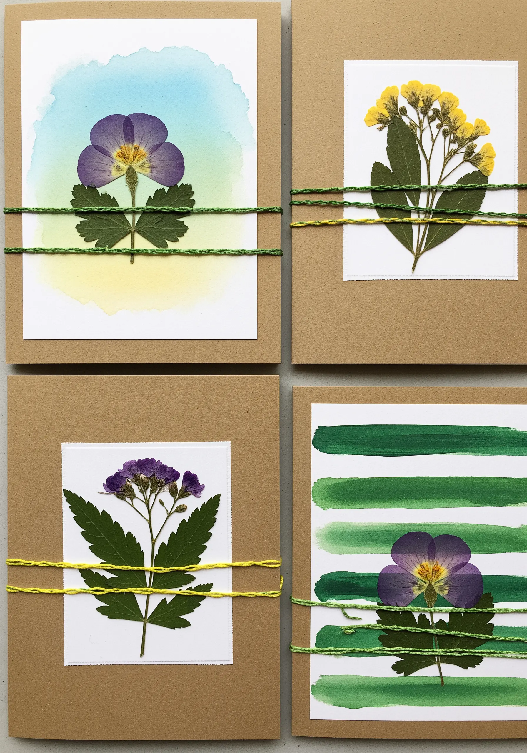 Handmade card with a pressed flower, watercolor wash, and wrapped thread border.