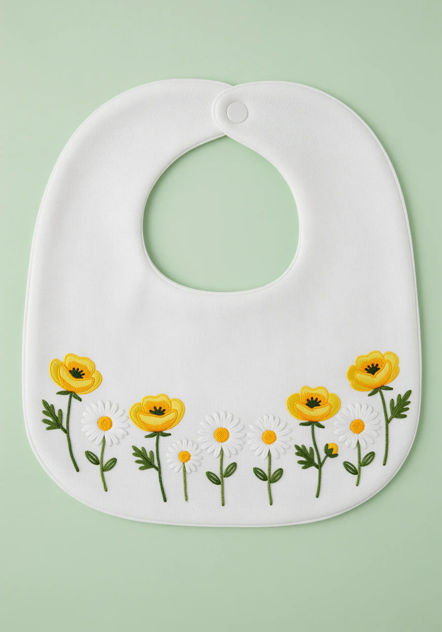 A simple border of yellow buttercups and white daisies embroidered on a baby bib.