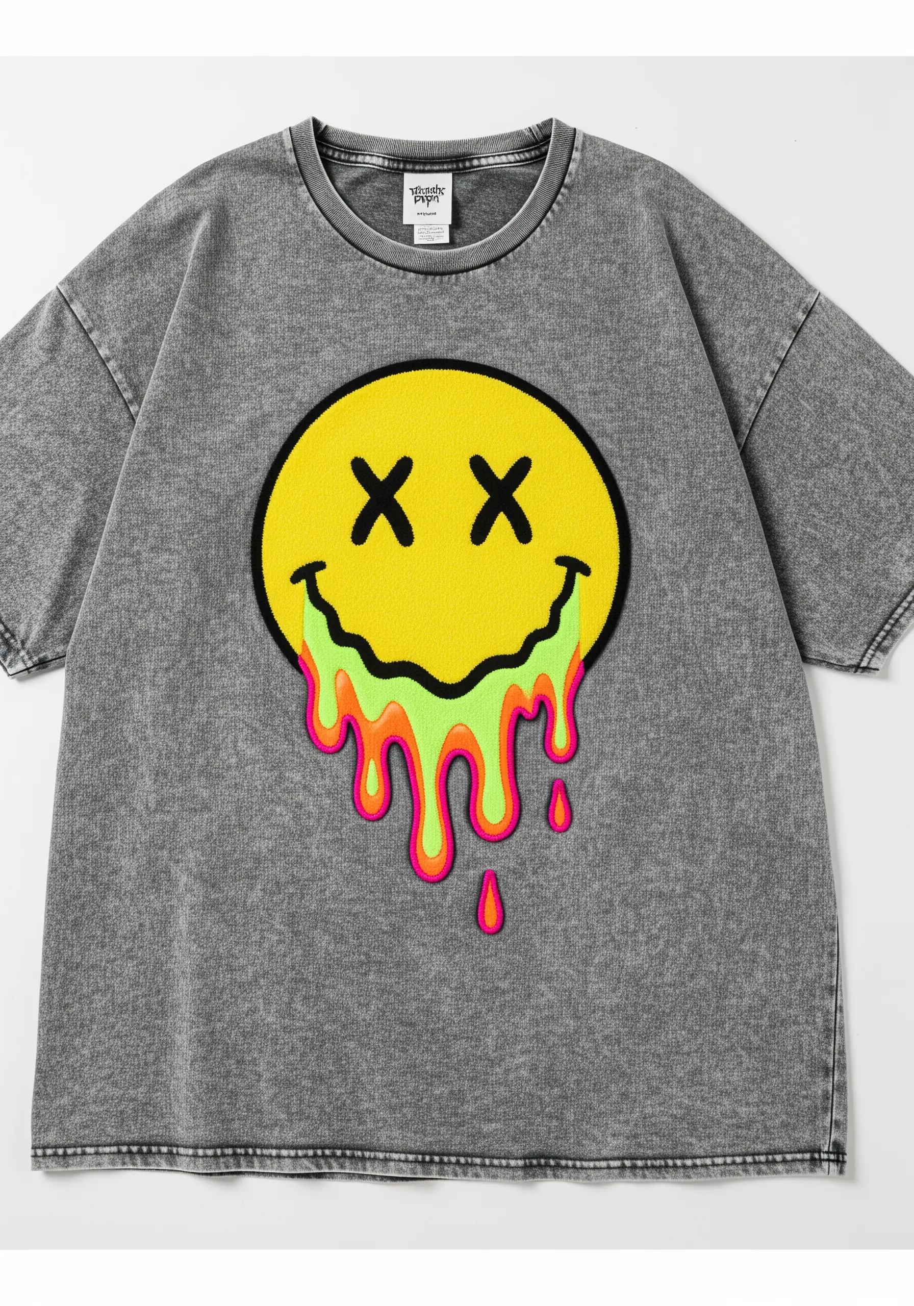 Embroidered dripping smiley face with neon color gradients on a grey t-shirt.
