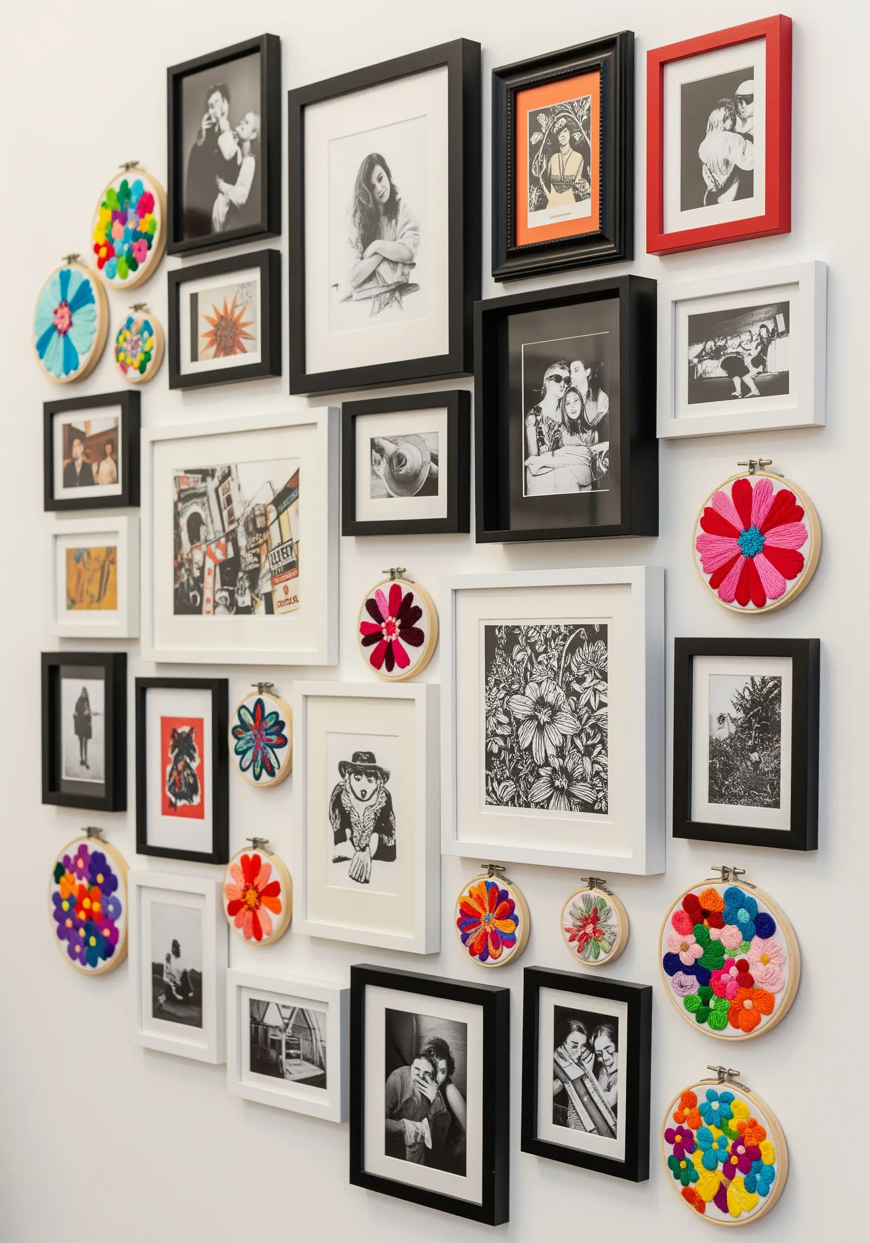 A large gallery wall mixing black-and-white photos with small, colorful, abstract floral embroidery hoops.