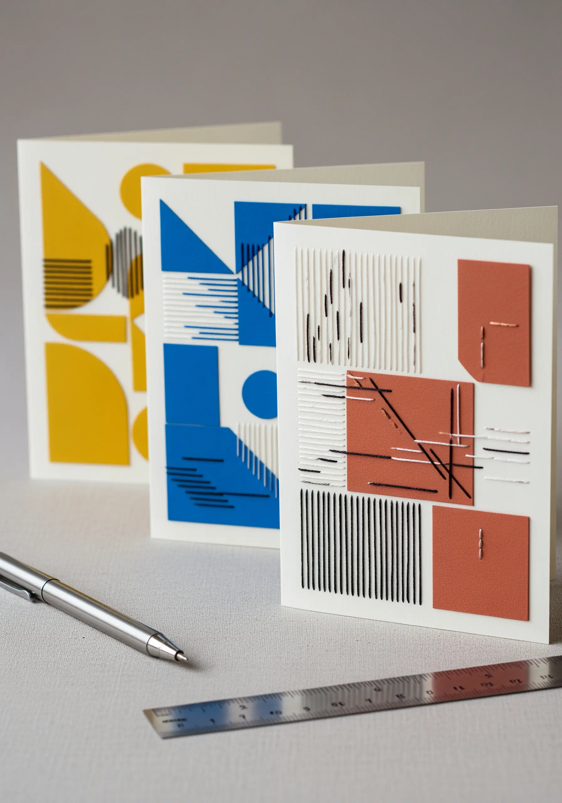 Geometric greeting cards with blocks of color and sections of precise, straight-stitch embroidery.