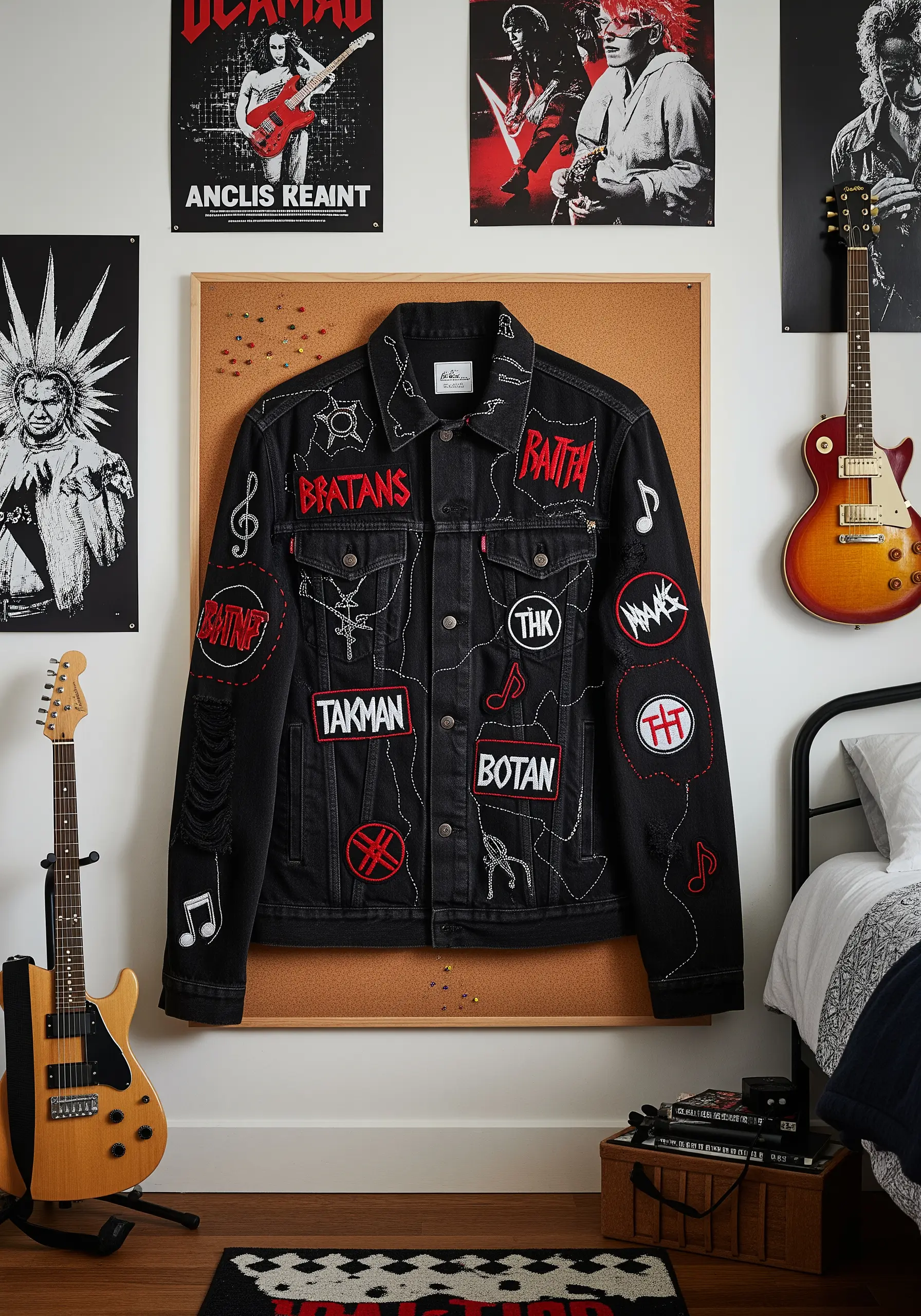 A black denim jacket covered in embroidered patches and white-thread doodles, displayed on a corkboard.