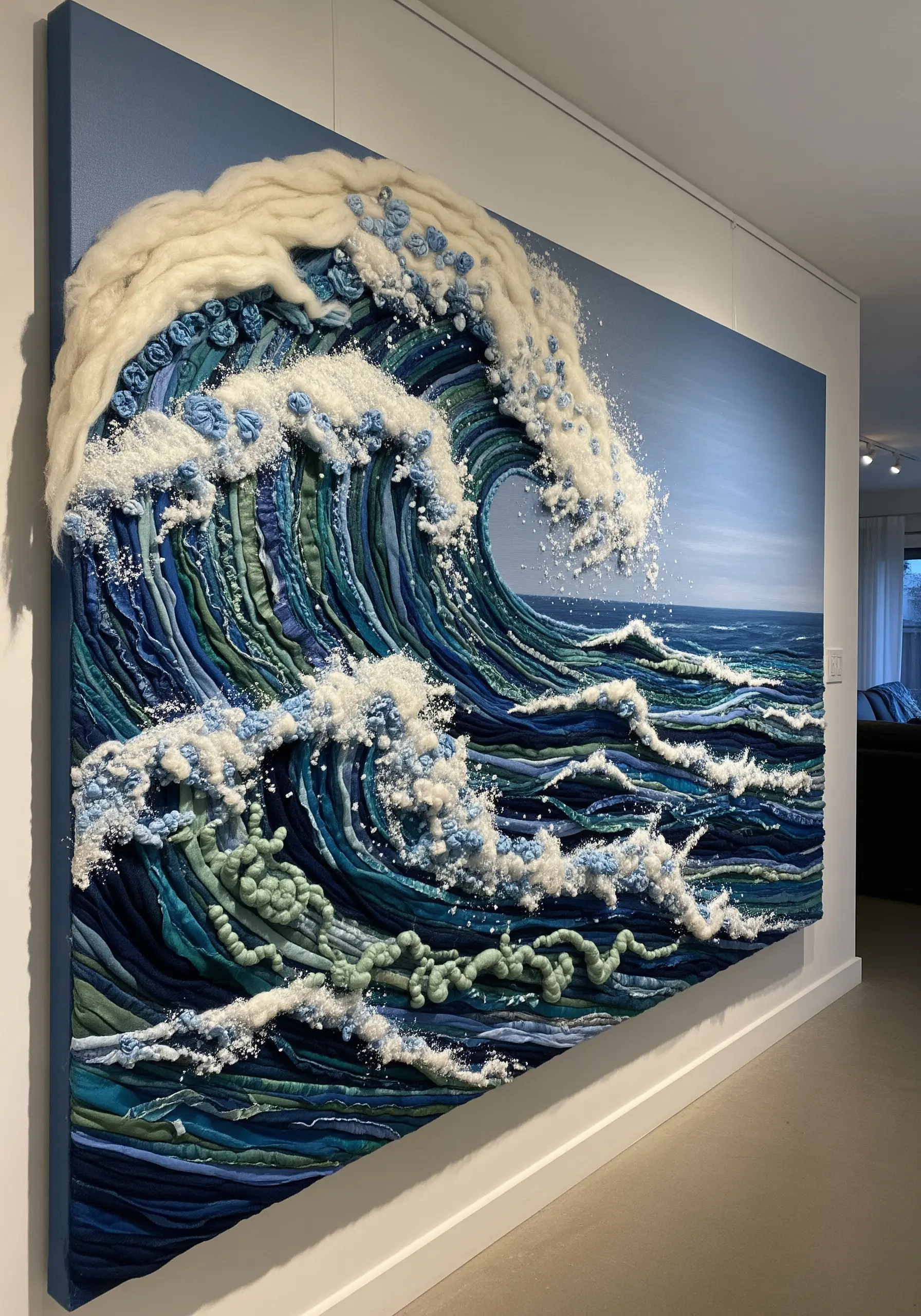 A large, sculptural fiber art piece depicting a crashing ocean wave with extreme 3D texture.