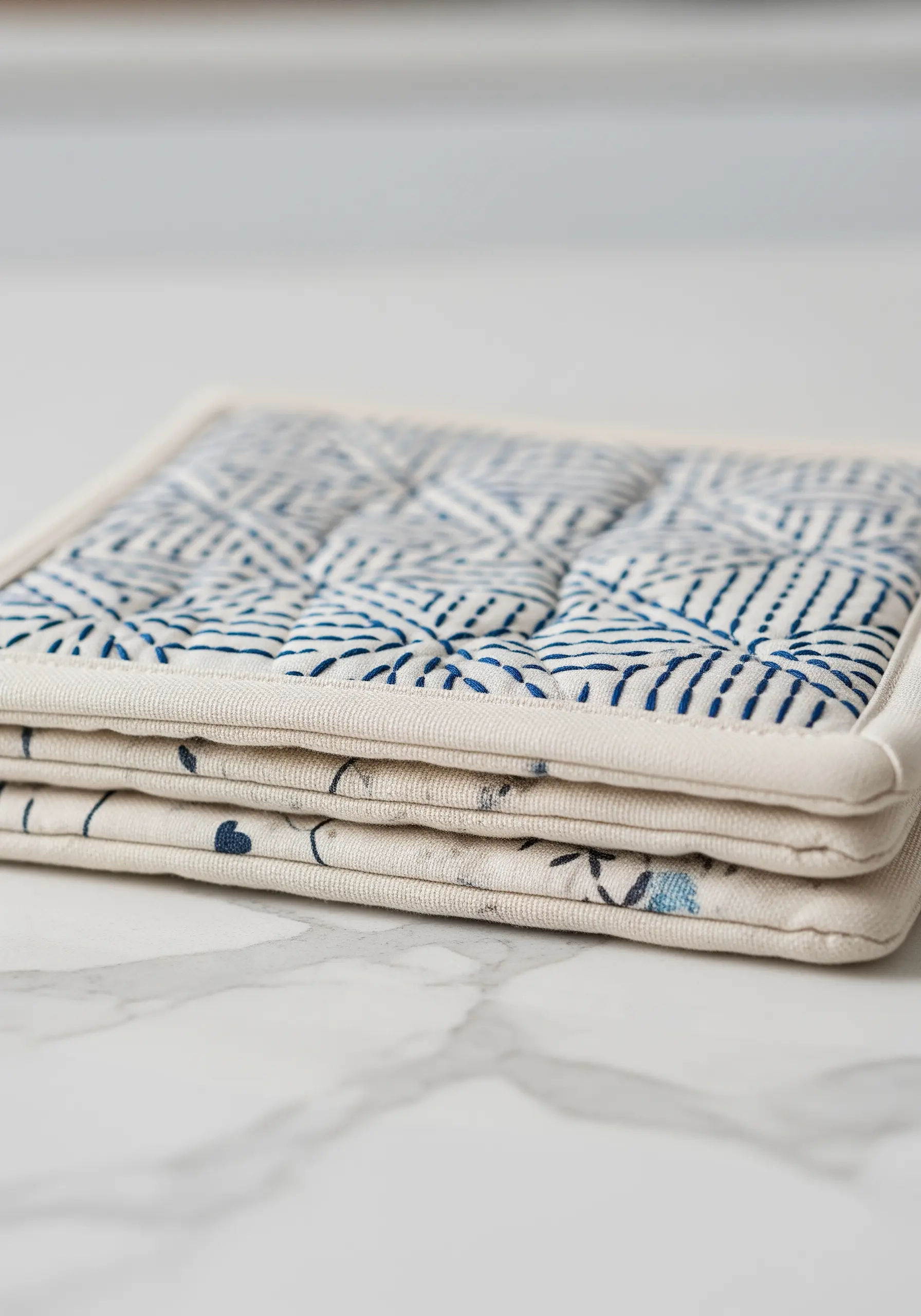 A stack of quilted potholders with a geometric blue Sashiko stitching pattern.