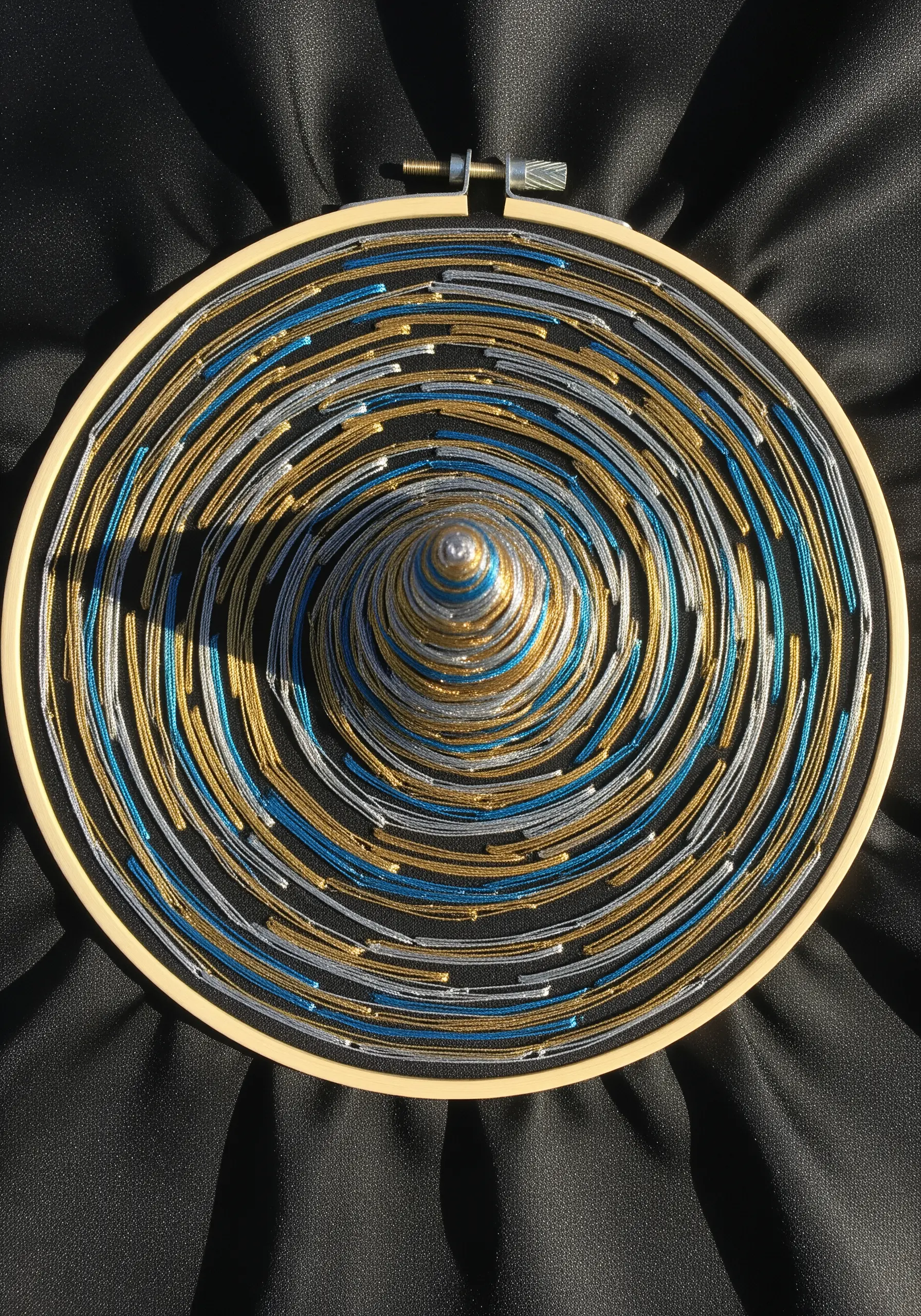 Metallic thread embroidery forming a 3D cone in a hoop with a central point.