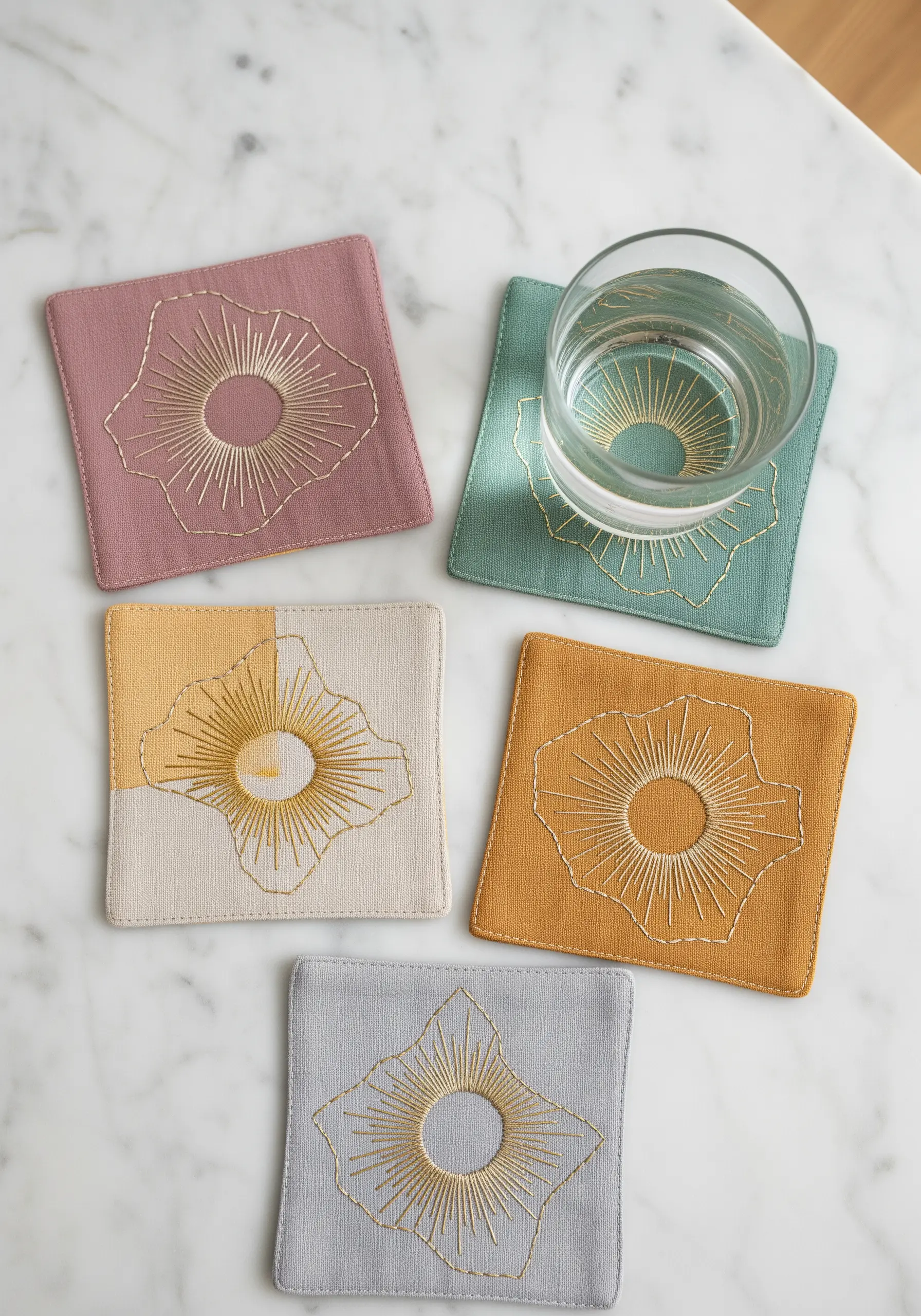Colorful coasters with gold metallic thread embroidered in a sunburst pattern.