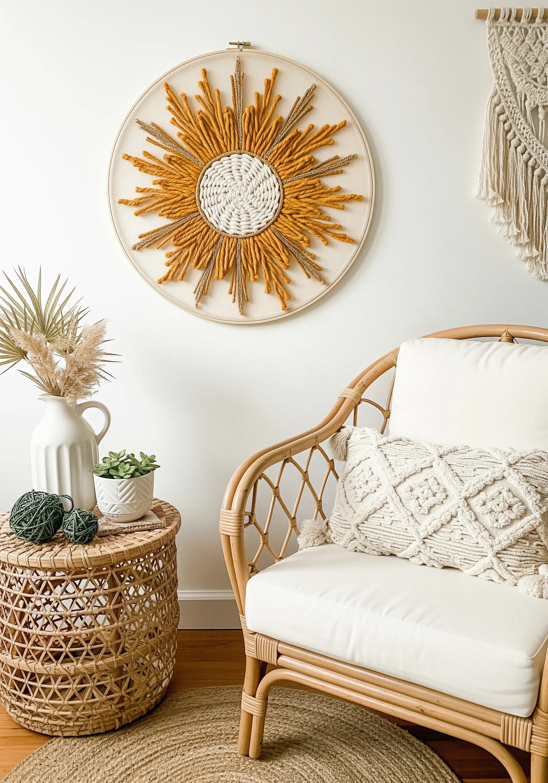 A large embroidery hoop with a sunburst design made from chunky yellow yarn and weaving.