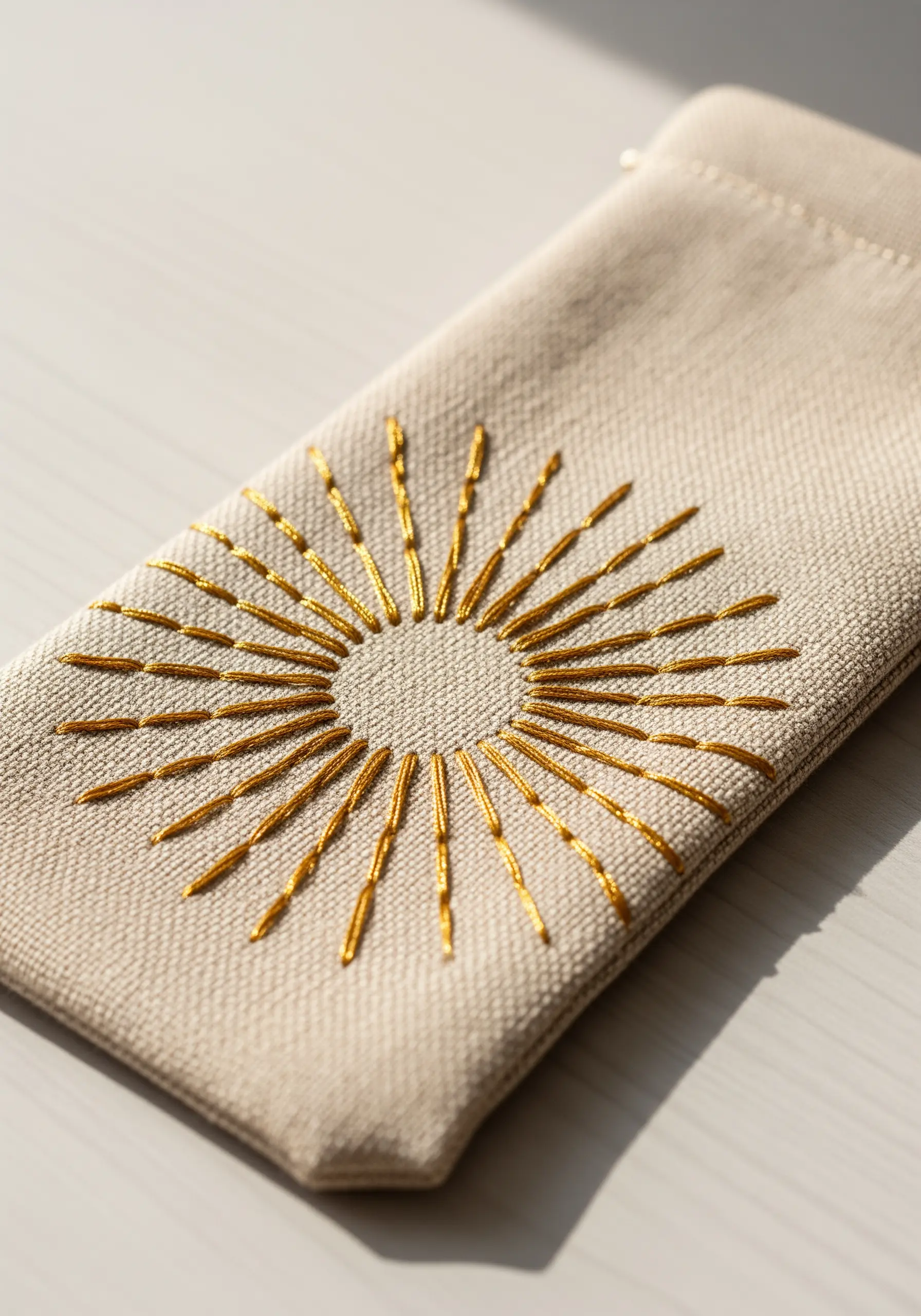 A radiant sunburst motif embroidered in gold metallic thread on a small linen pouch.