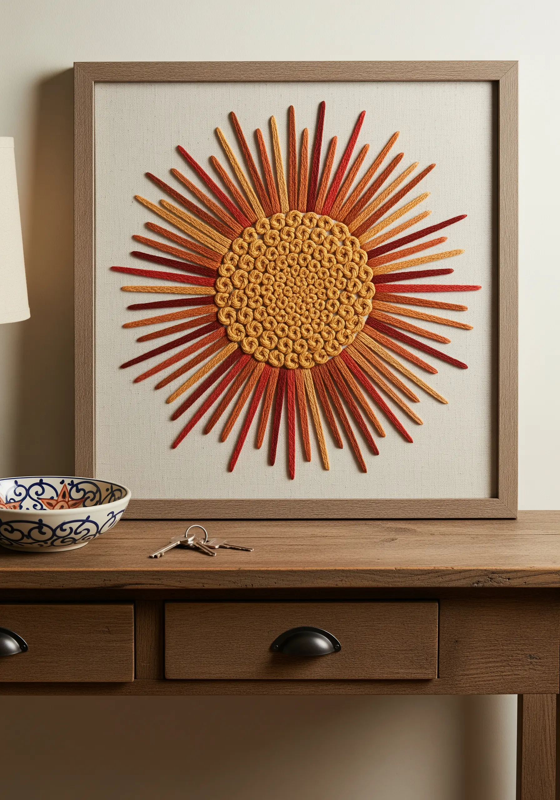 Framed sunburst embroidery with a woven yellow center and radiating orange and red rays.