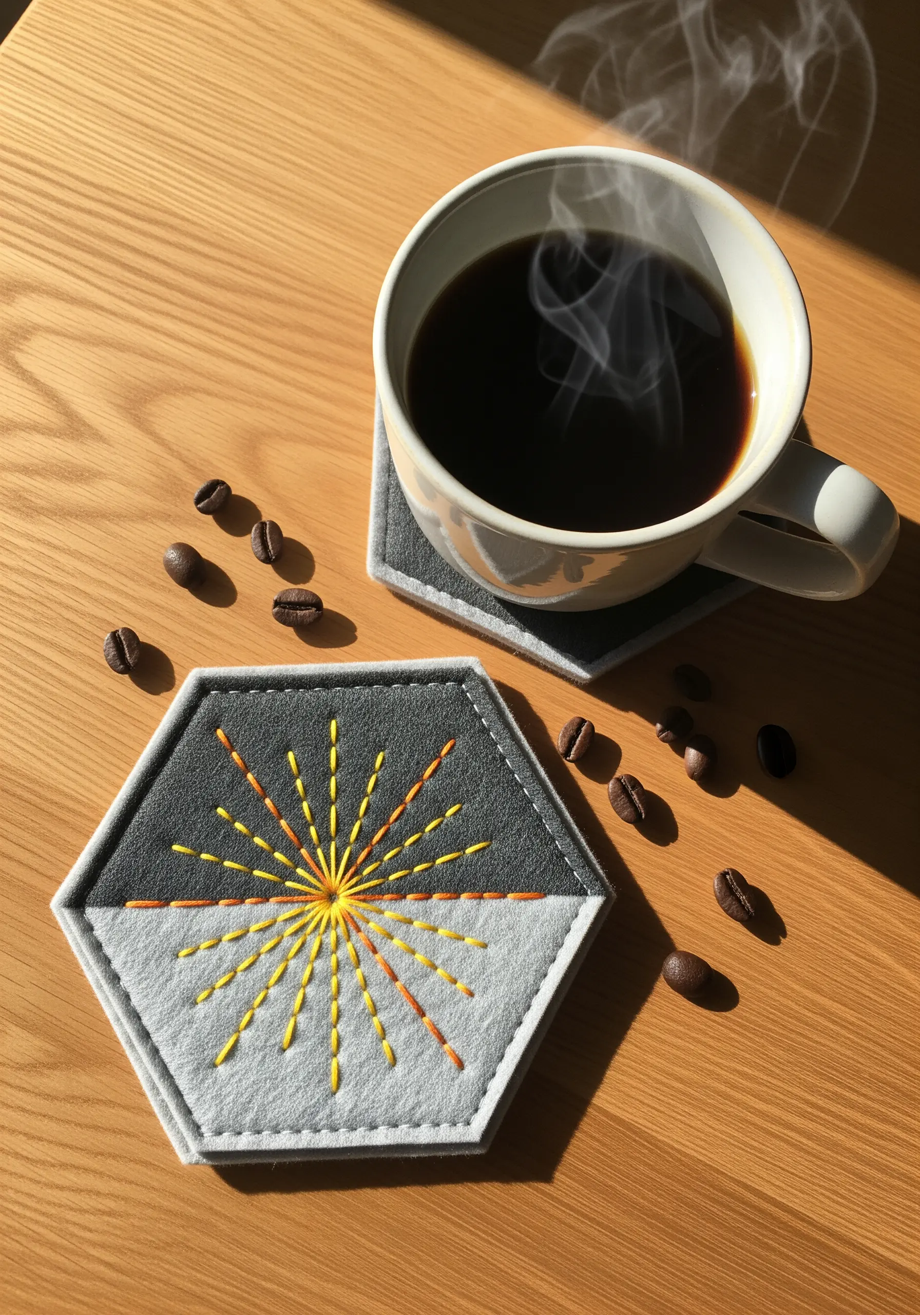 Two hexagonal felt coasters with an embroidered sunrise pattern in yellow and orange threads