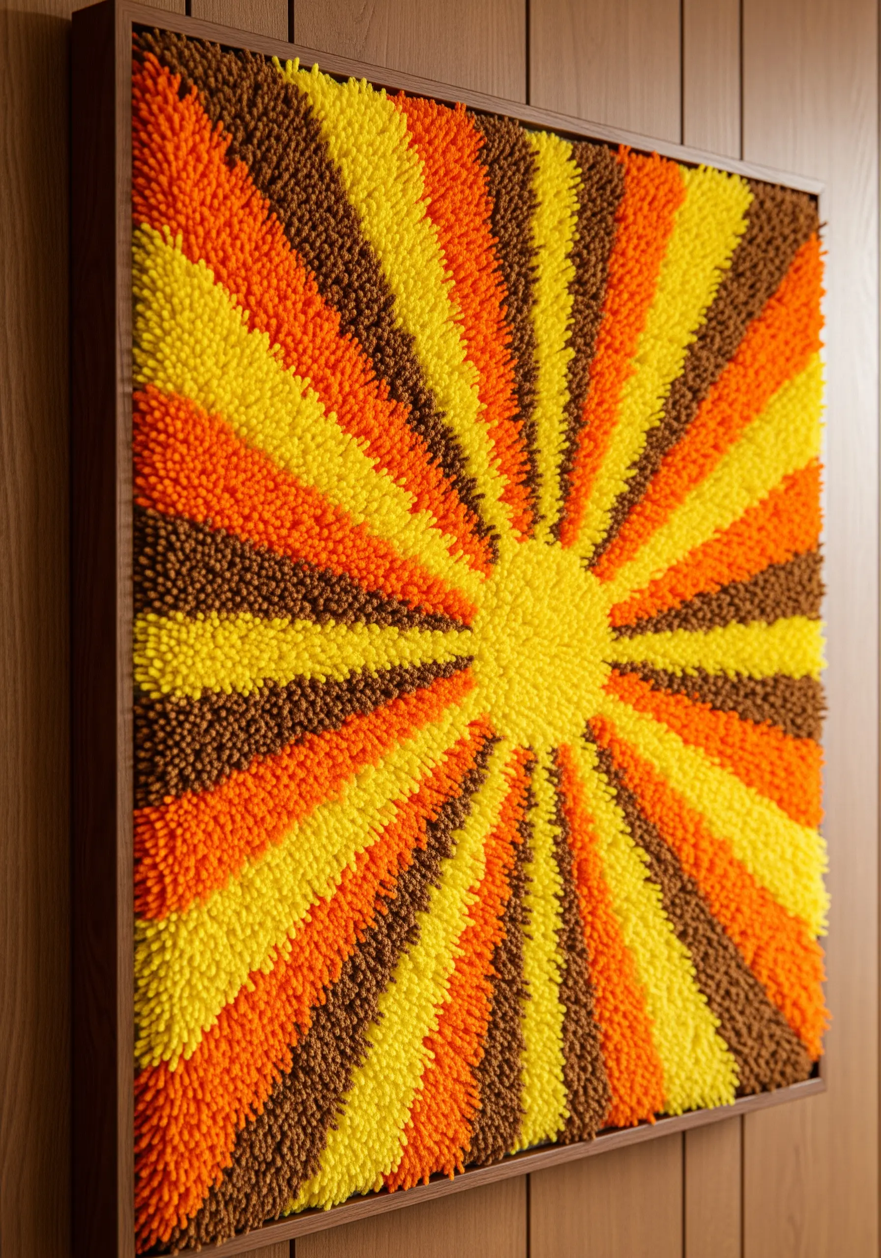 A square latch hook sunburst with radiating lines of yellow, orange, and brown yarn.