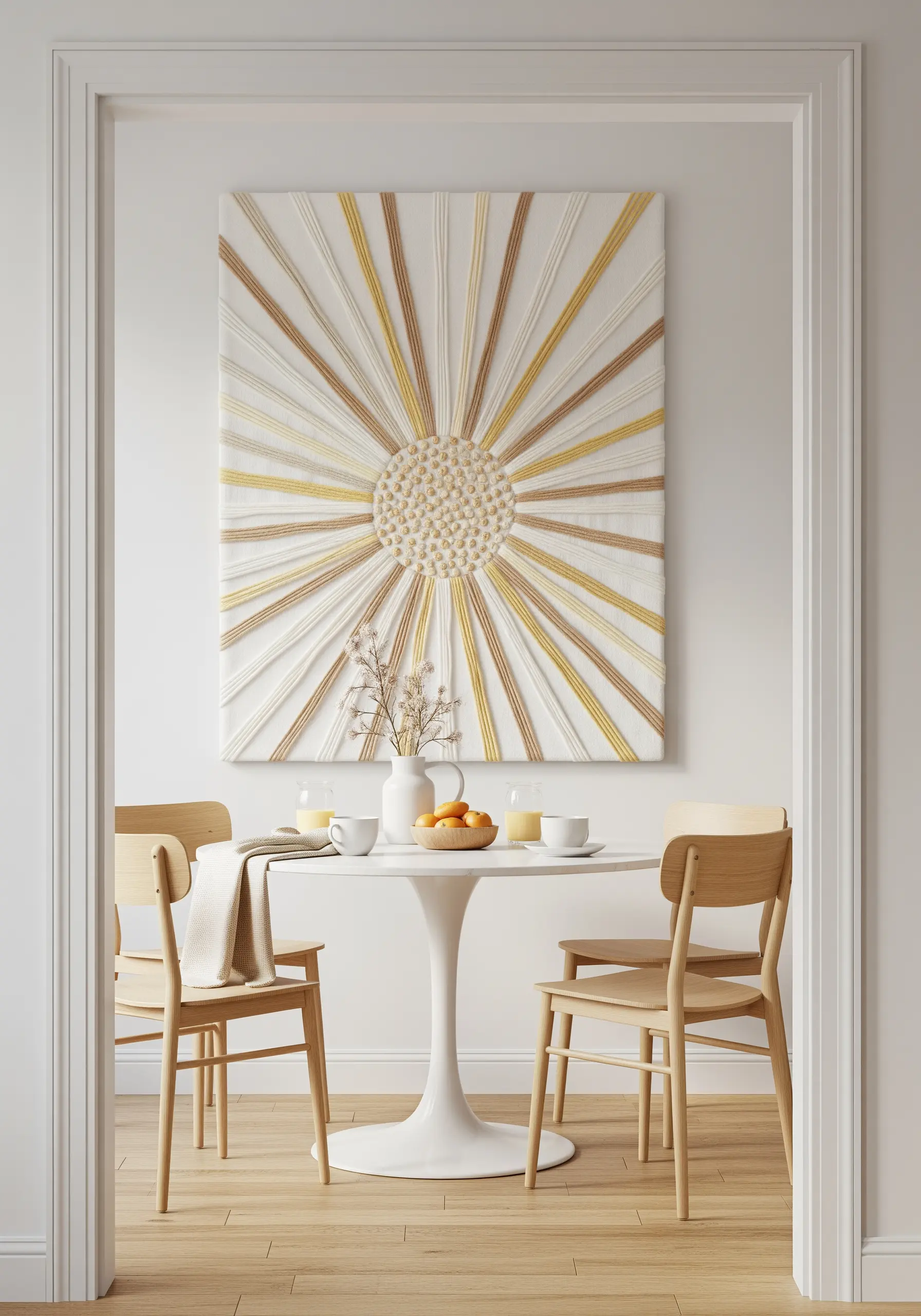 A large rectangular canvas with a string art sunburst made of neutral and gold yarns.