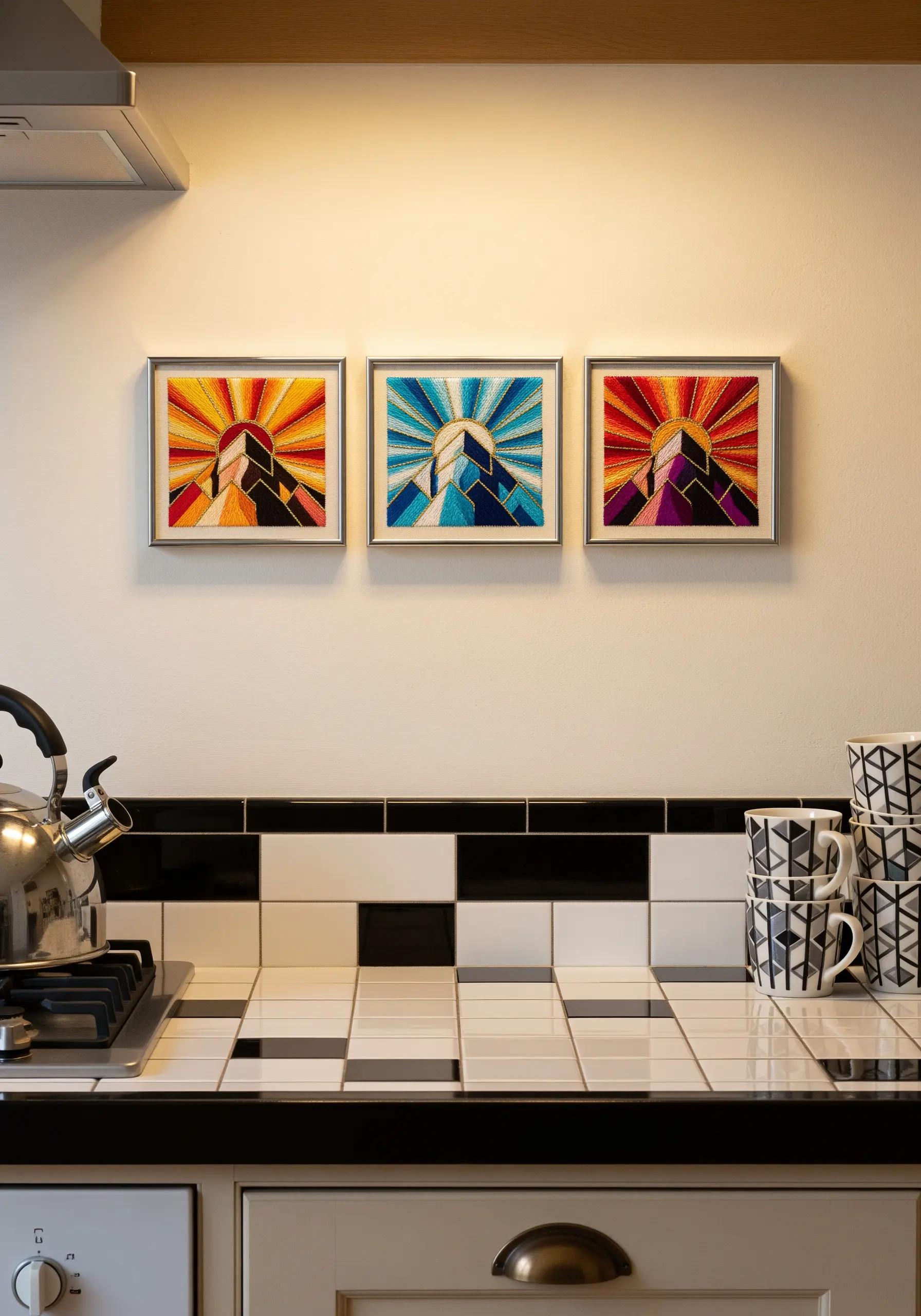 A triptych of framed pop-art style mountains with radiating, colorful sunbursts.