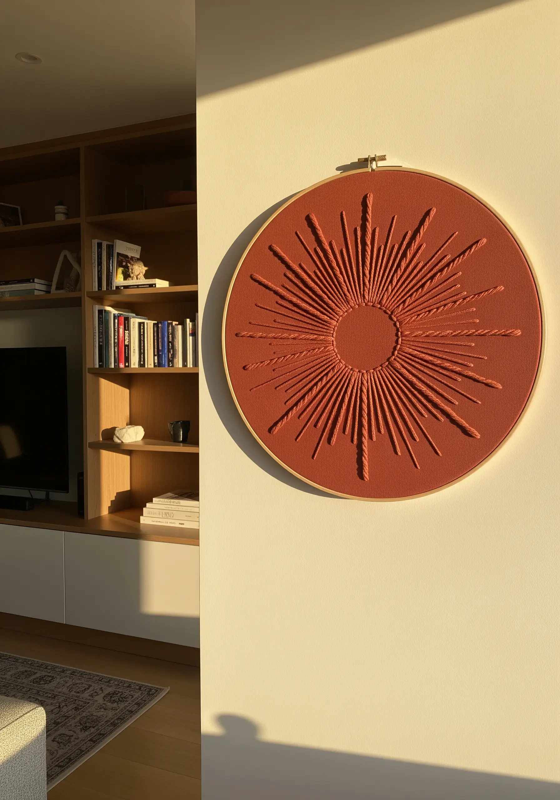 A sunburst motif embroidered in terracotta thread on matching fabric, hanging in a sunlit room.