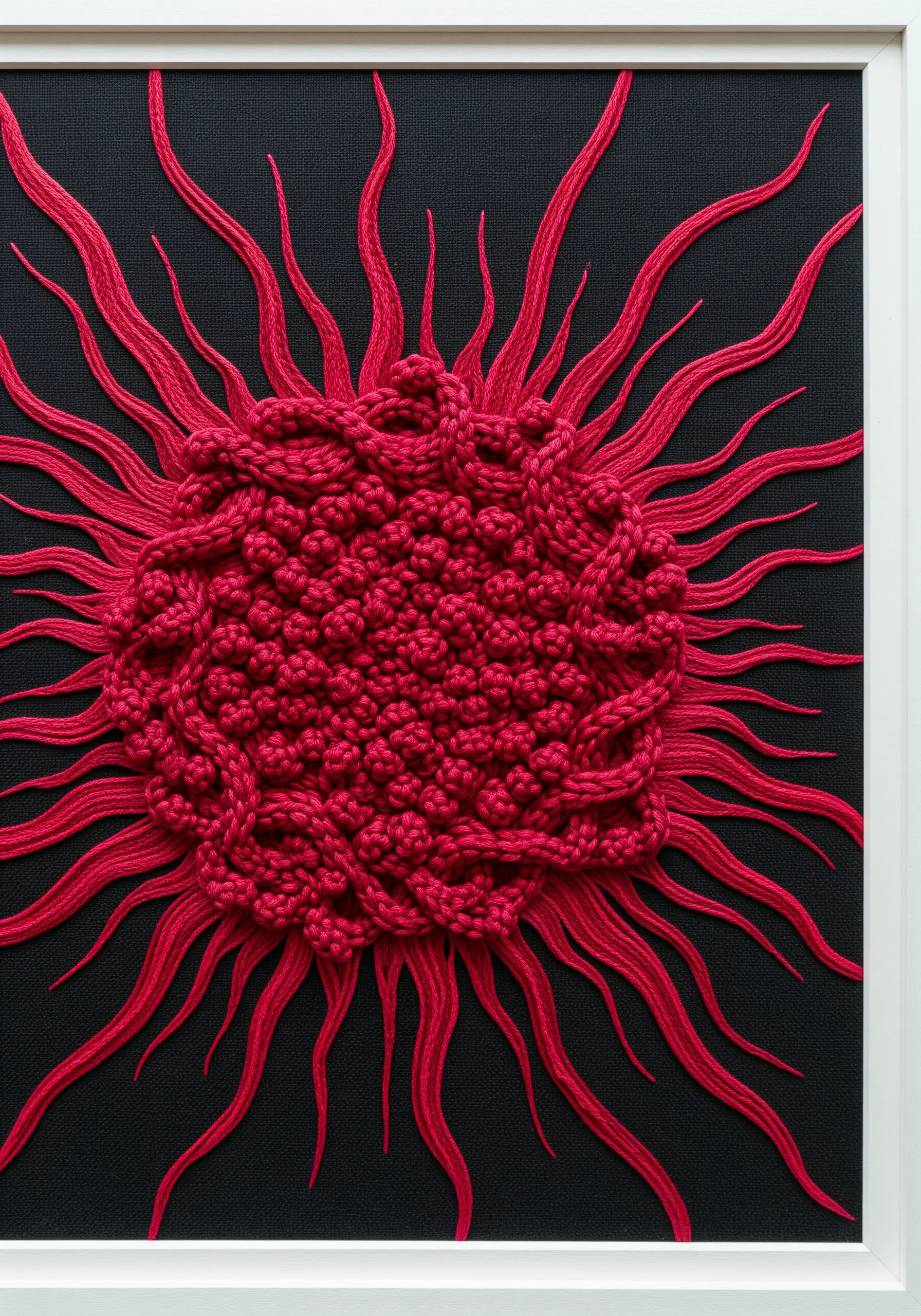 Framed embroidery of a vibrant red burst with a knotted center and sharp, radiating thread lines.