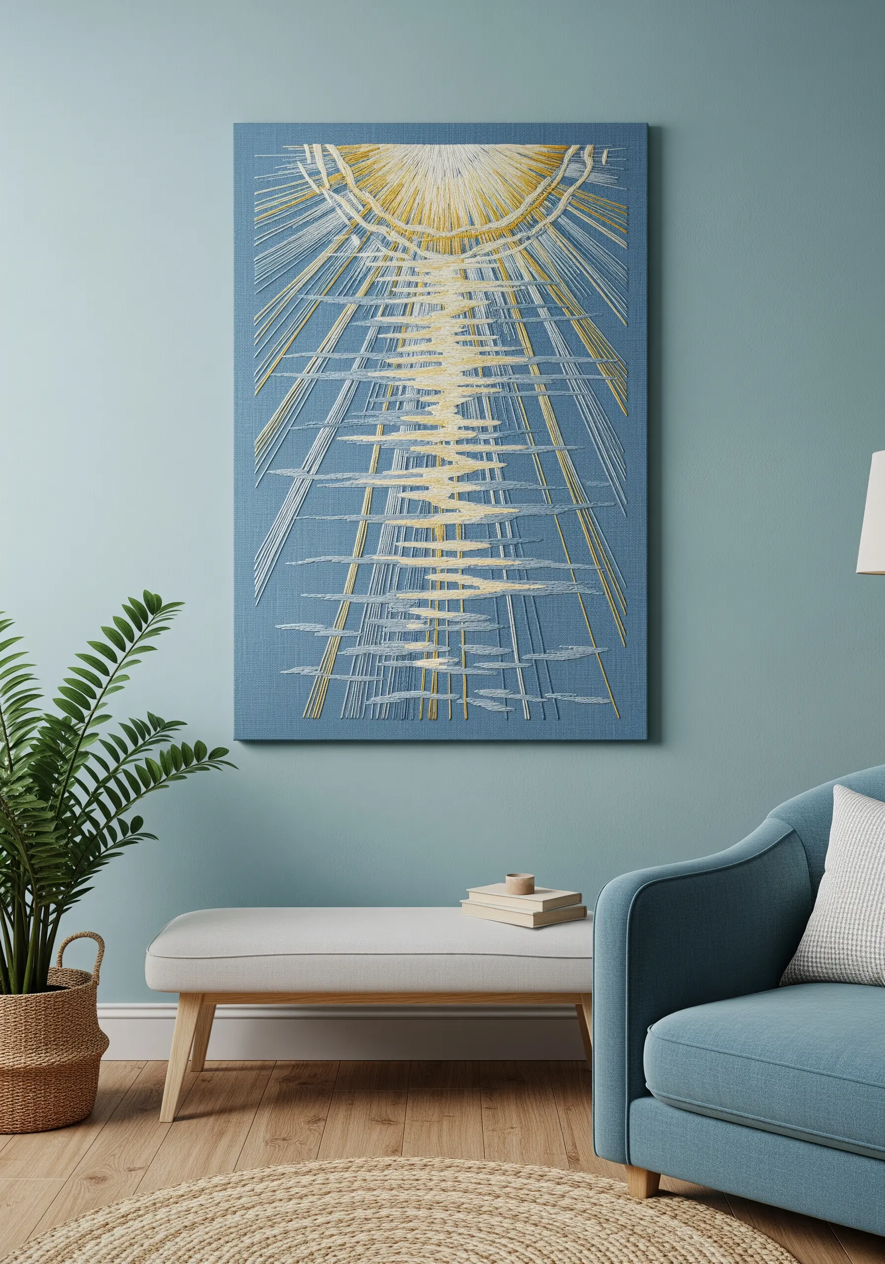 Abstract embroidery of a sun with radiating gold and white stitches reflecting on water.